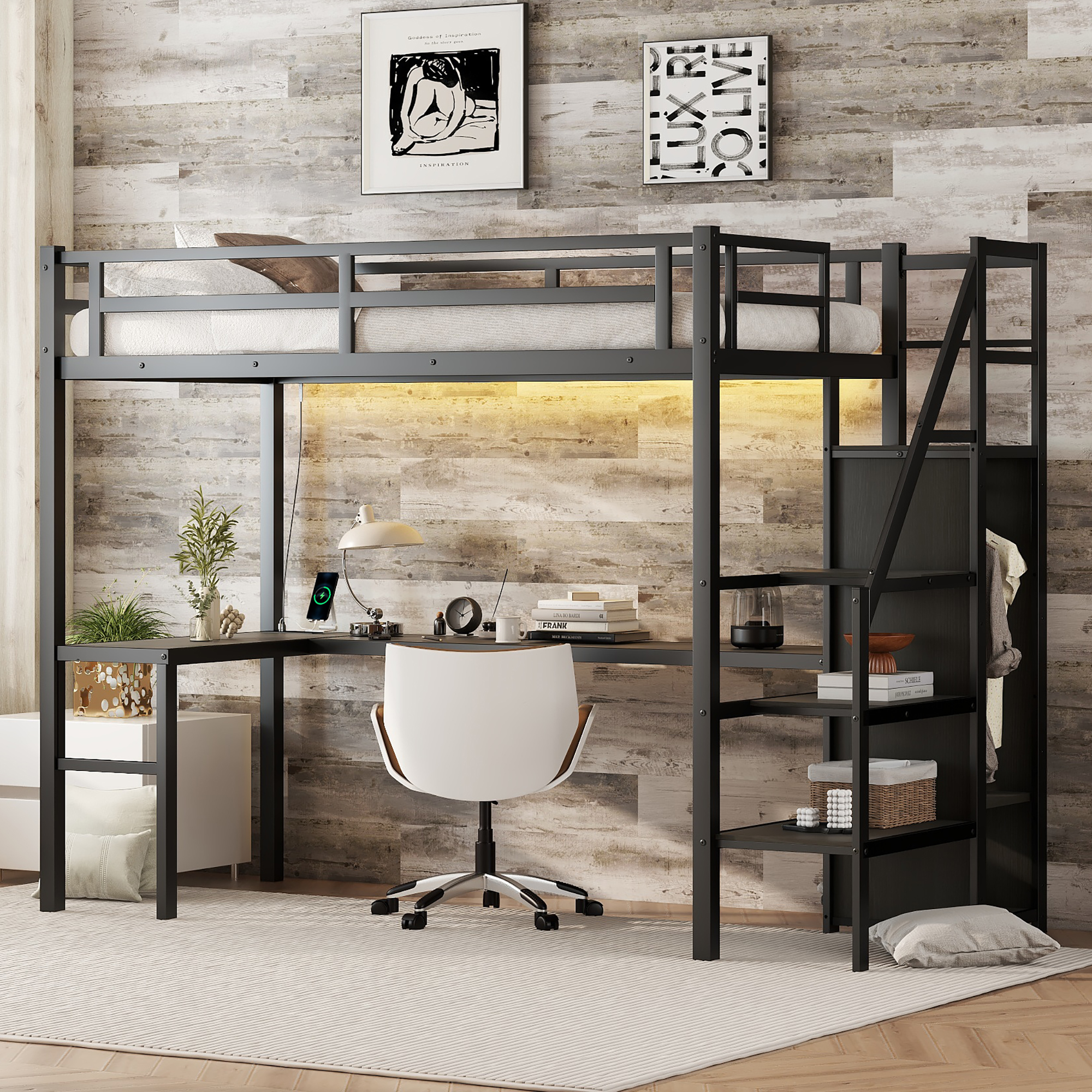 Twin XL Size Loft Bed with L-shaped Desk and USB, Metal Loft Bed with Wardrobe and Adjustable Shelf, High Loft Bed with LED for Kids Teens Adults, Black - Image 3