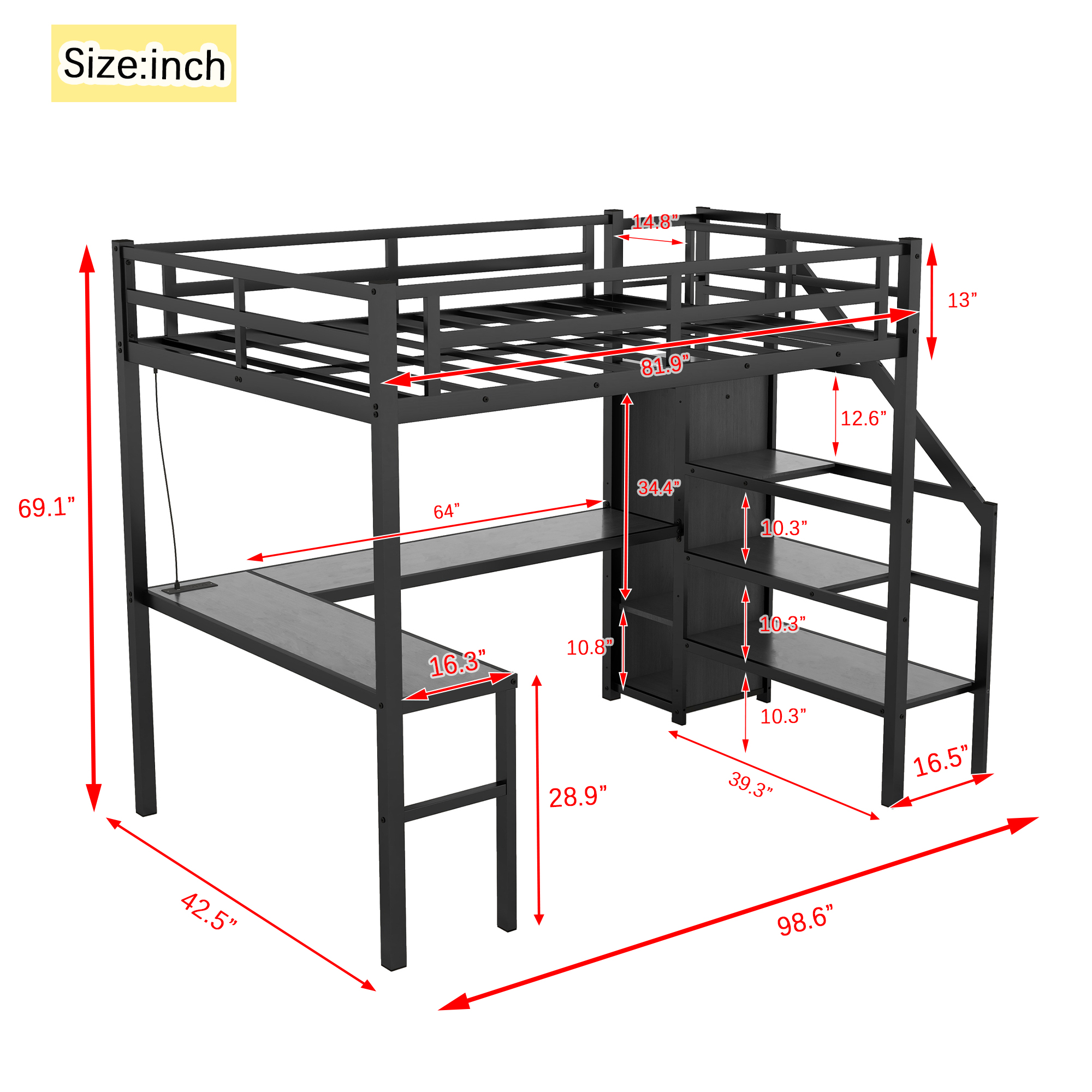 Twin XL Size Loft Bed with L-shaped Desk and USB, Metal Loft Bed with Wardrobe and Adjustable Shelf, High Loft Bed with LED for Kids Teens Adults, Black - Image 4