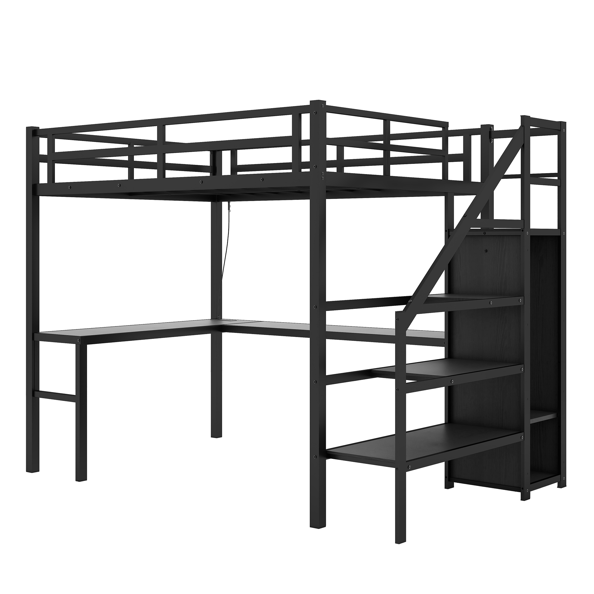 Twin XL Size Loft Bed with L-shaped Desk and USB, Metal Loft Bed with Wardrobe and Adjustable Shelf, High Loft Bed with LED for Kids Teens Adults, Black - Image 5