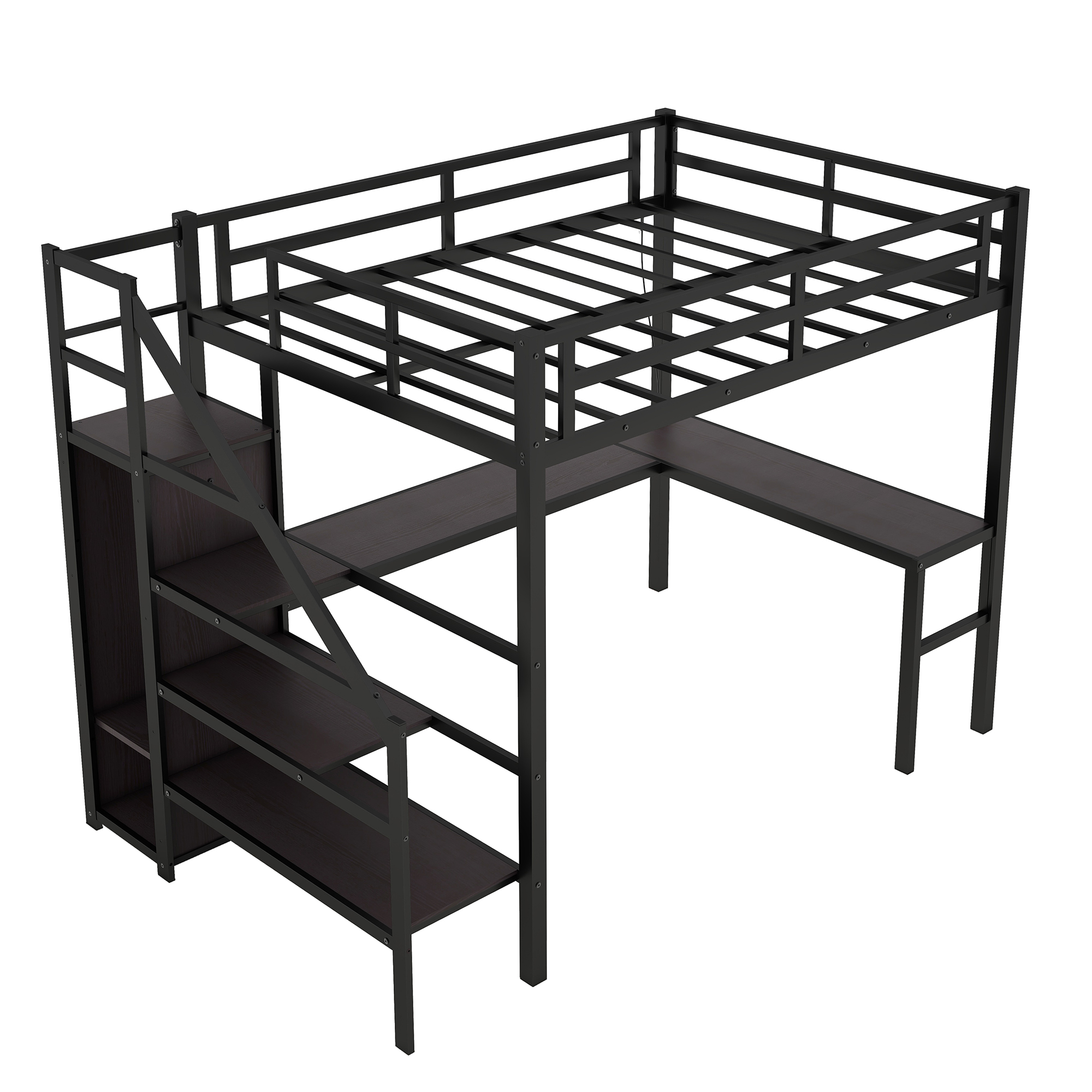 Twin XL Size Loft Bed with L-shaped Desk and USB, Metal Loft Bed with Wardrobe and Adjustable Shelf, High Loft Bed with LED for Kids Teens Adults, Black - Image 6