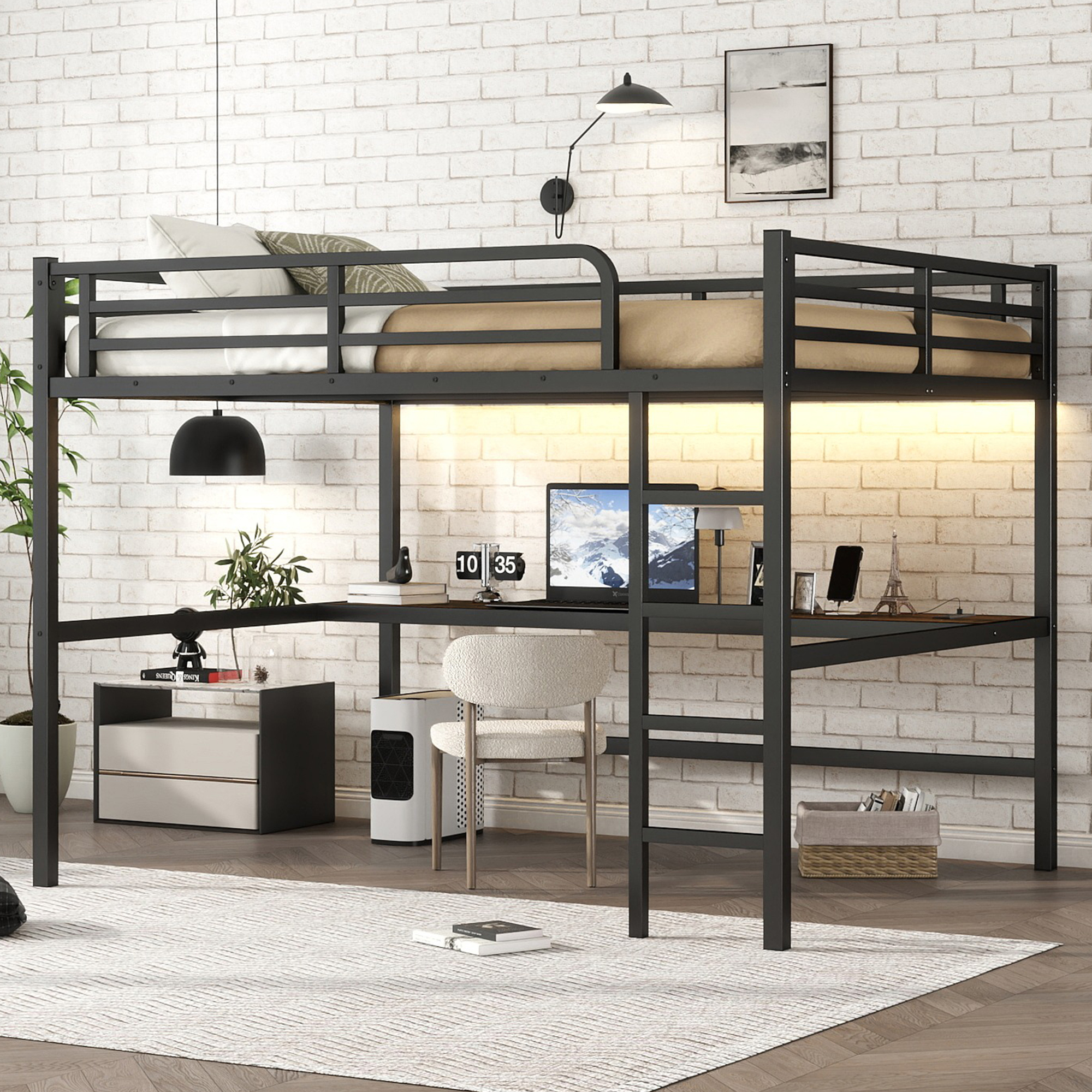 Metal Queen Size Loft Bed with Power Outlet and LED Lighted, Space-Saving, Noise Reduced, Black - Image 3