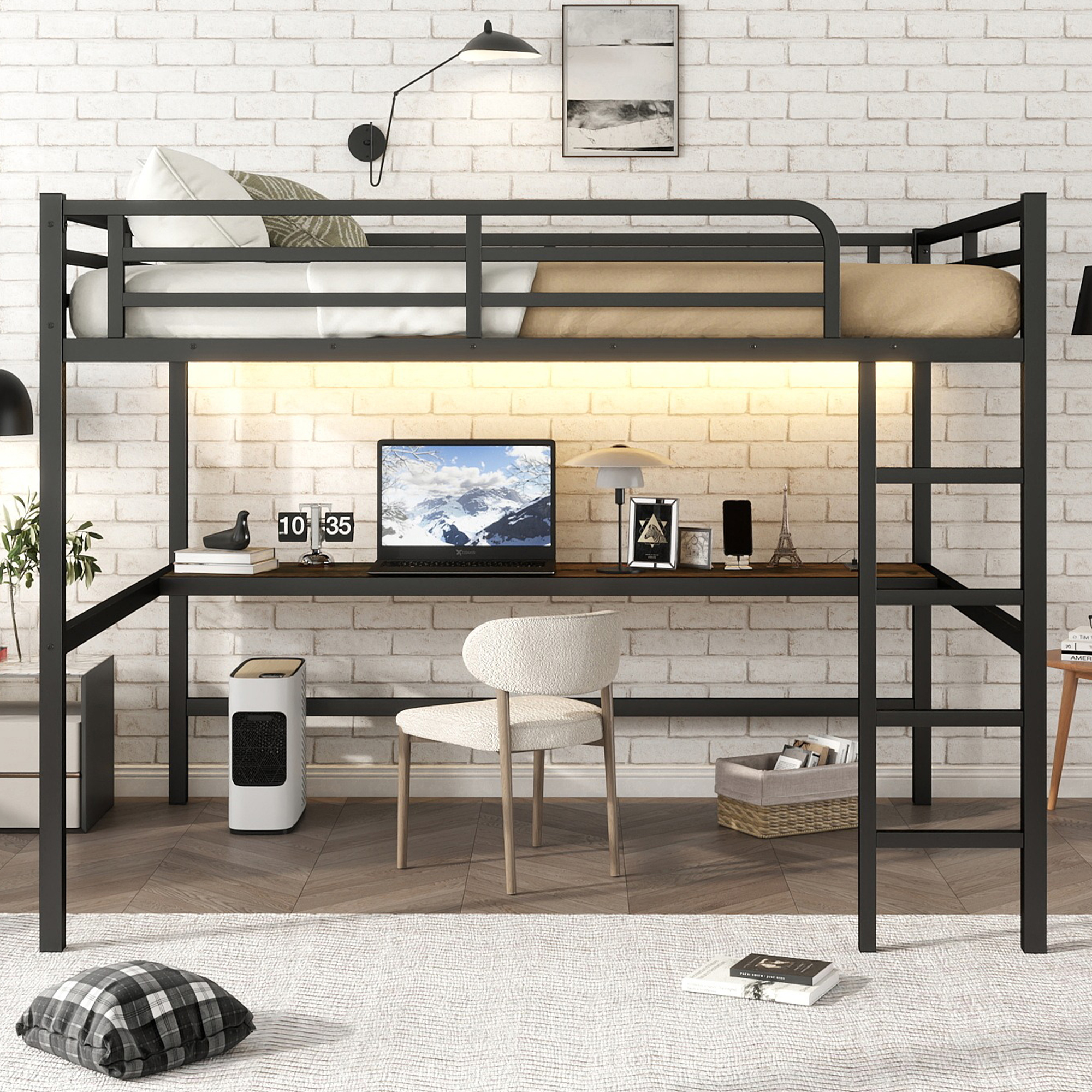 Metal Queen Size Loft Bed with Power Outlet and LED Lighted, Space-Saving, Noise Reduced, Black - Image 2