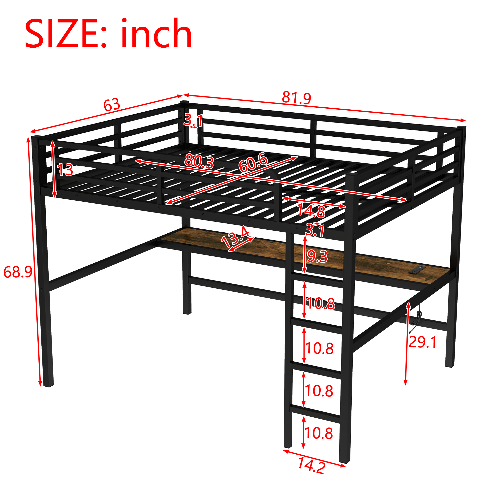Metal Queen Size Loft Bed with Power Outlet and LED Lighted, Space-Saving, Noise Reduced, Black - Image 4