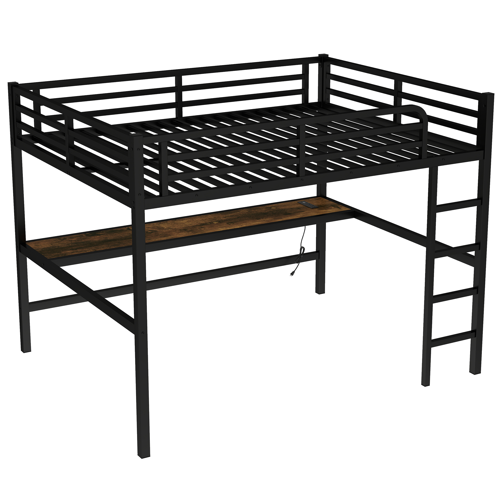 Metal Queen Size Loft Bed with Power Outlet and LED Lighted, Space-Saving, Noise Reduced, Black - Image 6