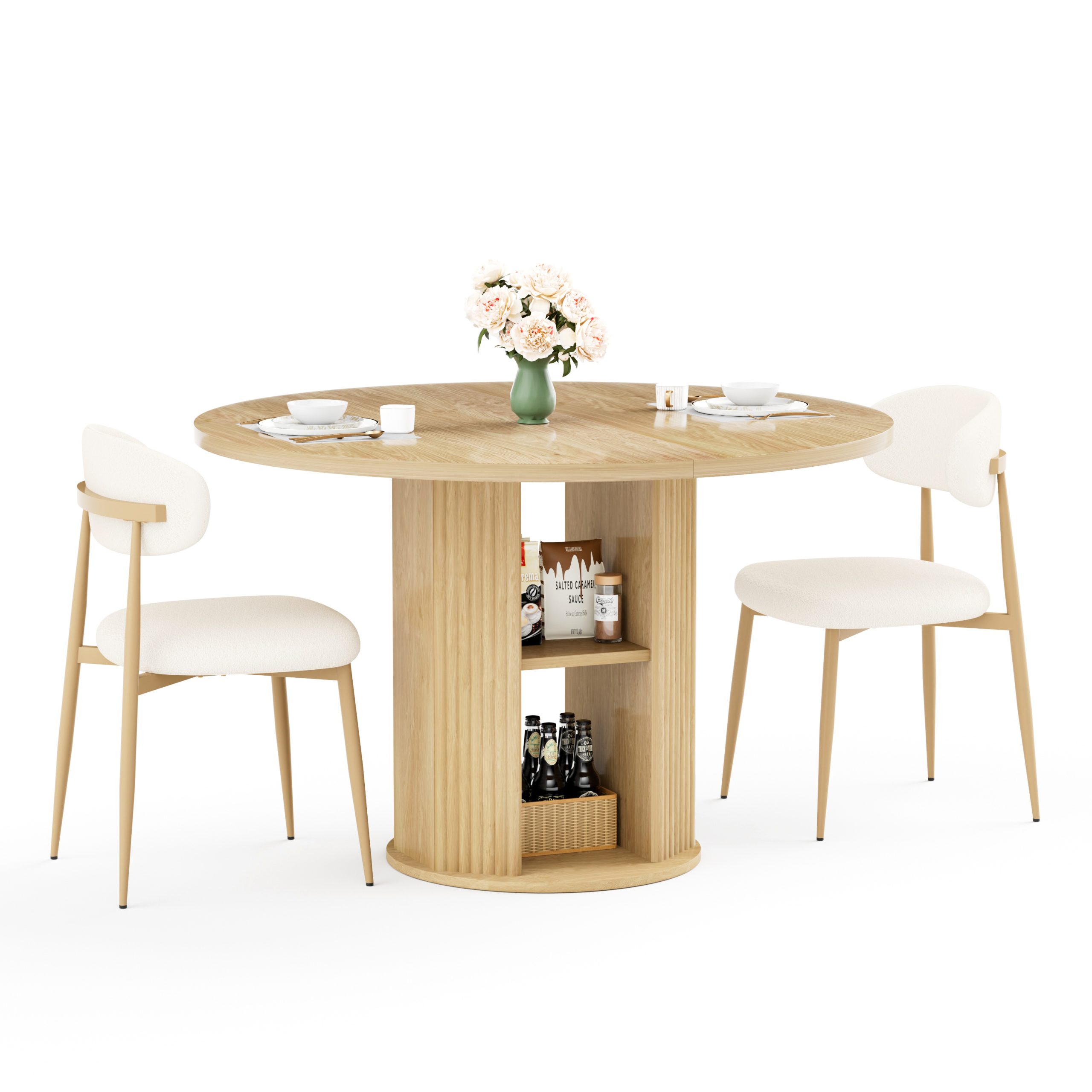 47.24″ Round Dining Table (Serves 2–4) with Two Dining Chairs Blends modern and farmhouse styles, featuring a double-tiered storage shelf, suitable for dining rooms or living spaces.Natural