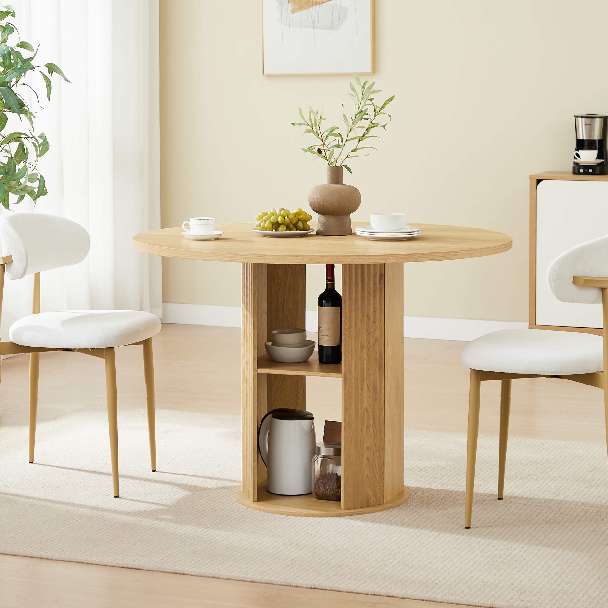 47.24" Round Dining Table (Serves 2–4) with Two Dining Chairs Blends modern and farmhouse styles, featuring a double-tiered storage shelf, suitable for dining rooms or living spaces.Natural - Image 2