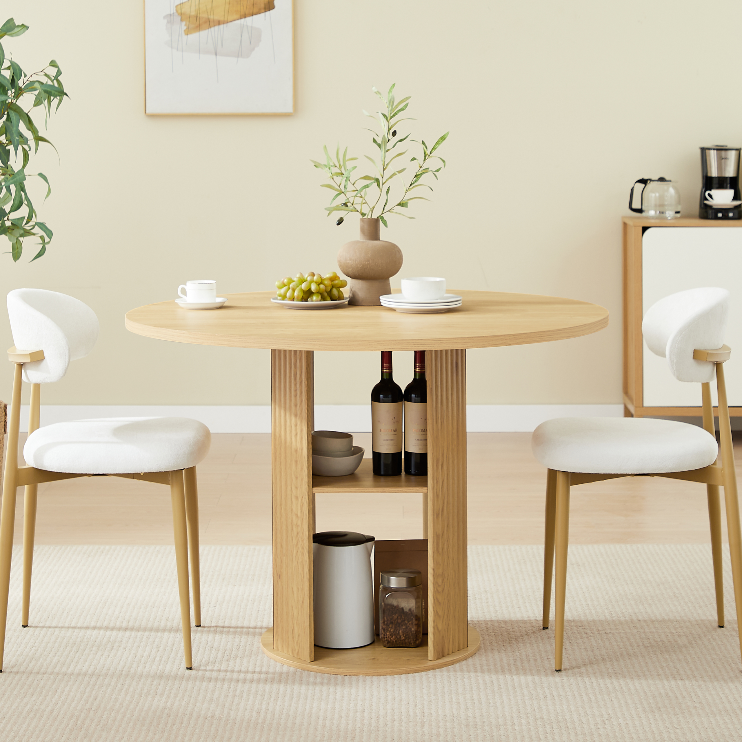 47.24" Round Dining Table (Serves 2–4) with Two Dining Chairs Blends modern and farmhouse styles, featuring a double-tiered storage shelf, suitable for dining rooms or living spaces.Natural - Image 3