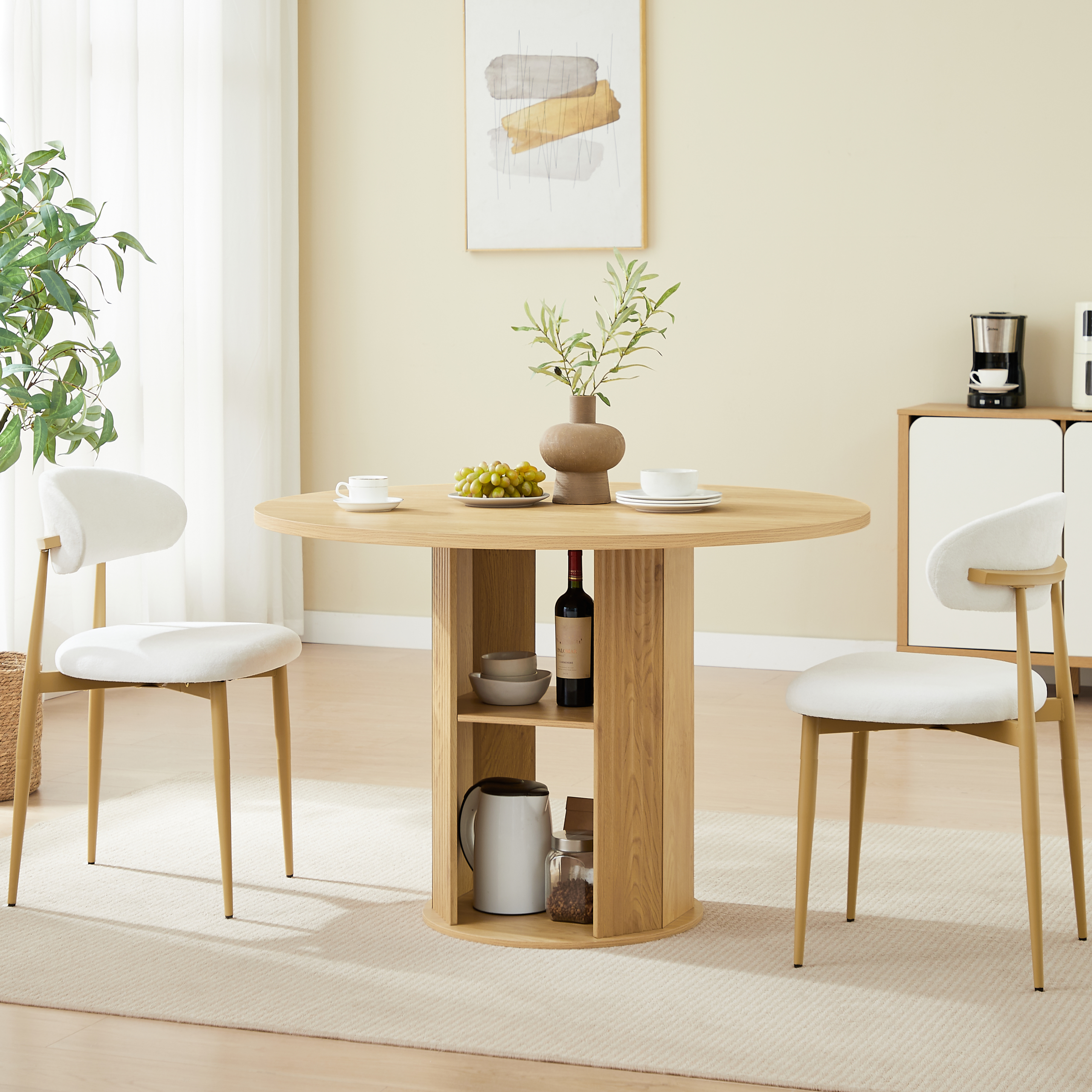 47.24" Round Dining Table (Serves 2–4) with Two Dining Chairs Blends modern and farmhouse styles, featuring a double-tiered storage shelf, suitable for dining rooms or living spaces.Natural - Image 4