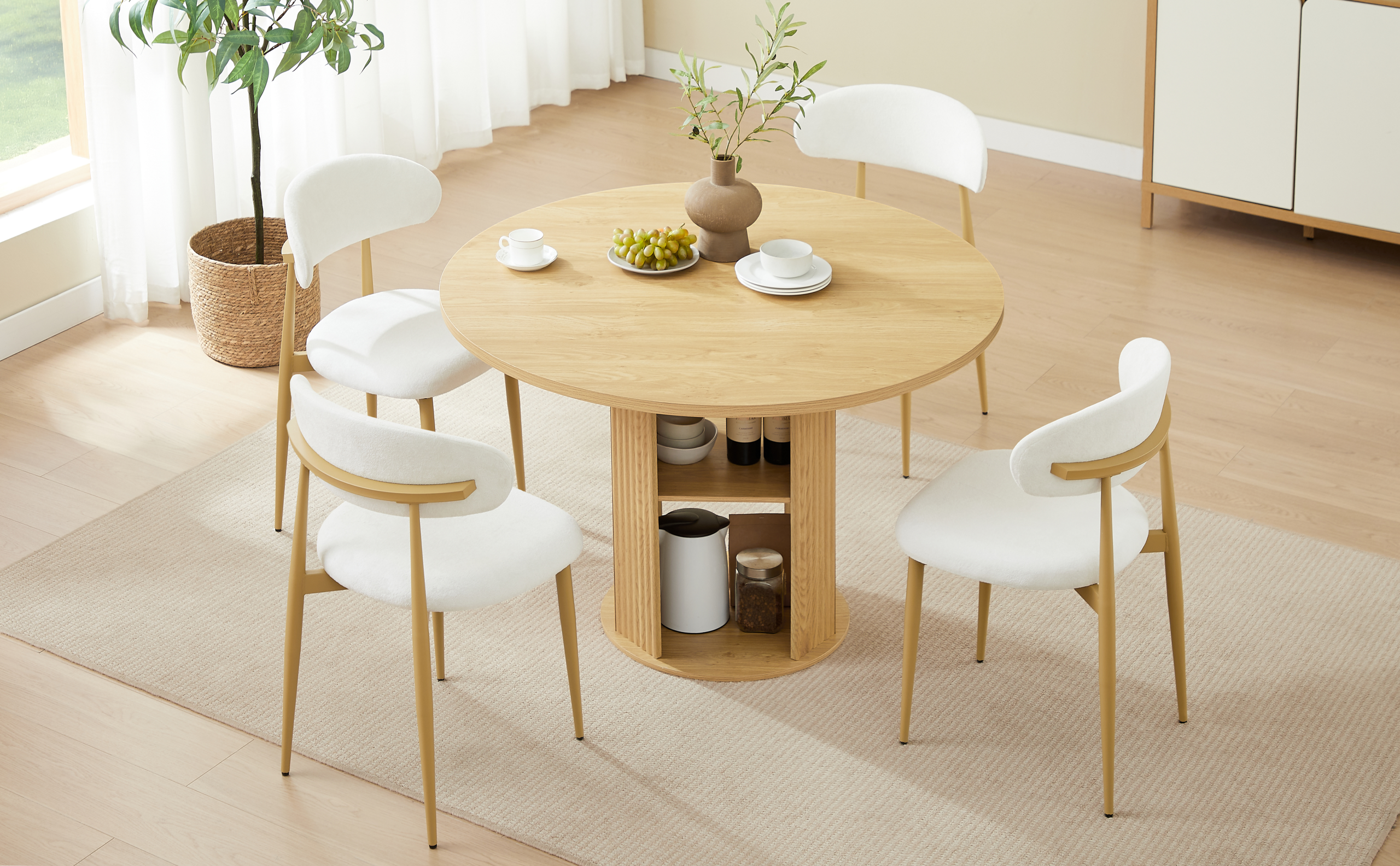 47.24" Round Dining Table (Serves 2–4) with Two Dining Chairs Blends modern and farmhouse styles, featuring a double-tiered storage shelf, suitable for dining rooms or living spaces.Natural - Image 5