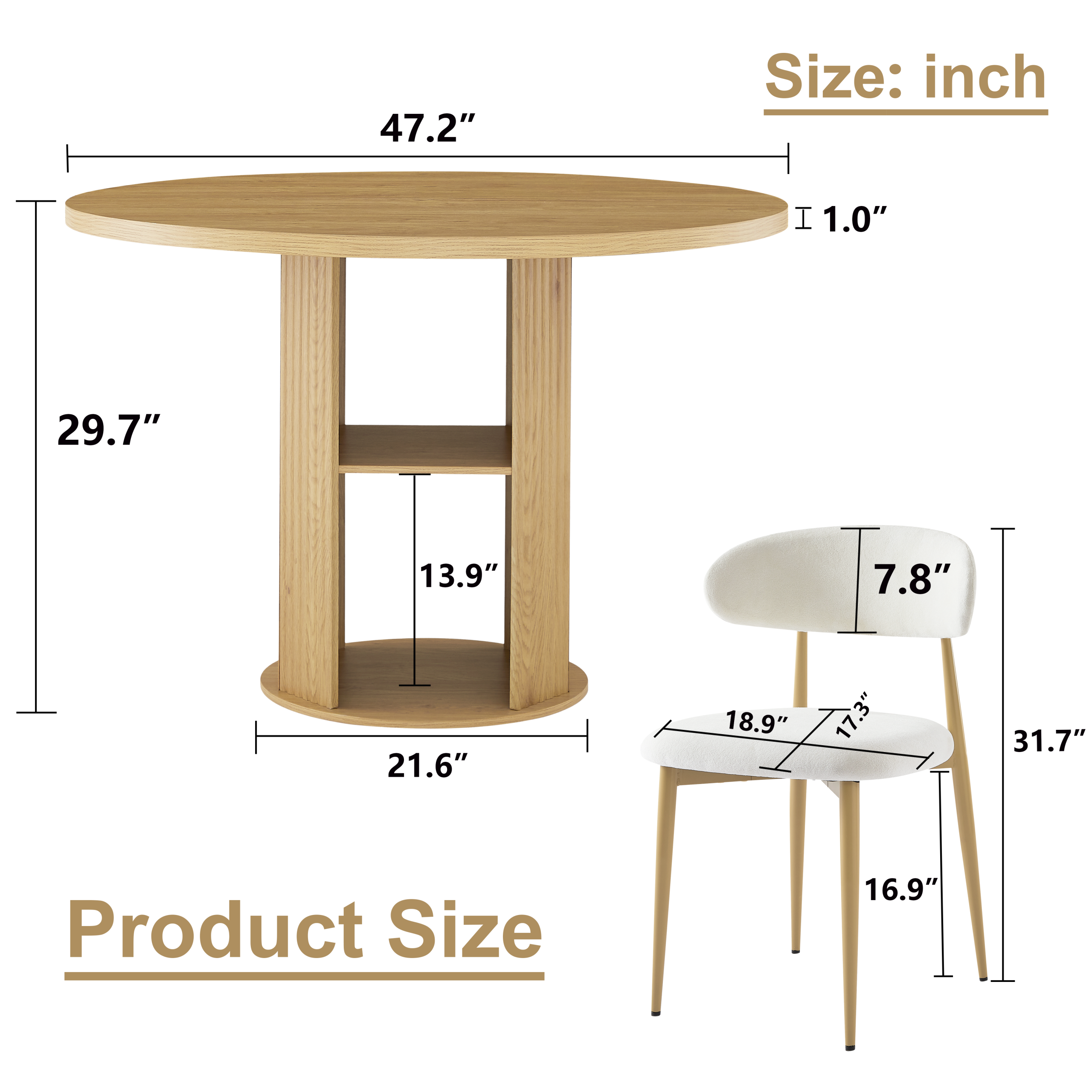 47.24" Round Dining Table (Serves 2–4) with Two Dining Chairs Blends modern and farmhouse styles, featuring a double-tiered storage shelf, suitable for dining rooms or living spaces.Natural - Image 6