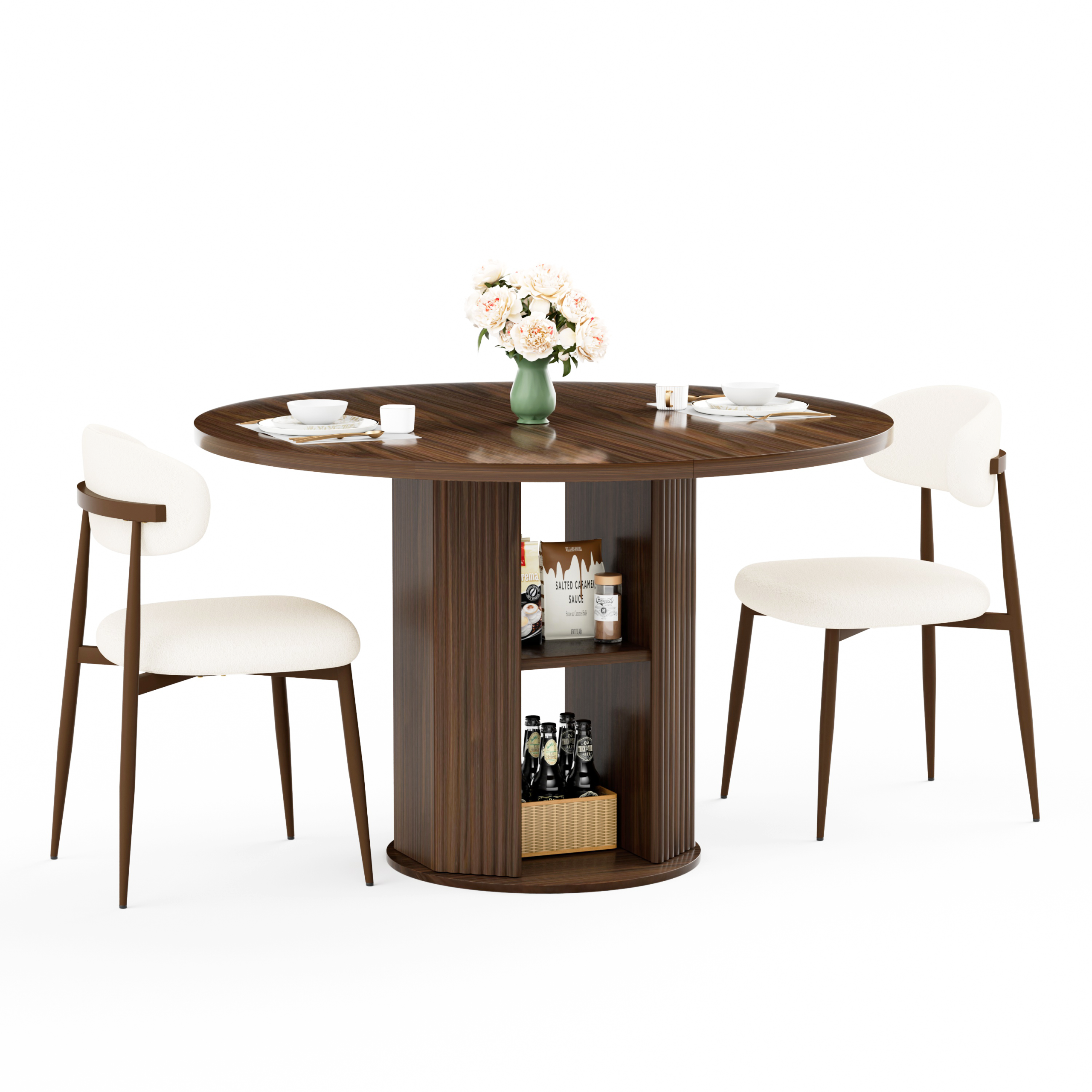 47.24″ Round Dining Table (Serves 2–4) with Two Dining Chairs Blends modern and farmhouse styles, featuring a double-tiered storage shelf, suitable for dining rooms or living spaces.Walnut
