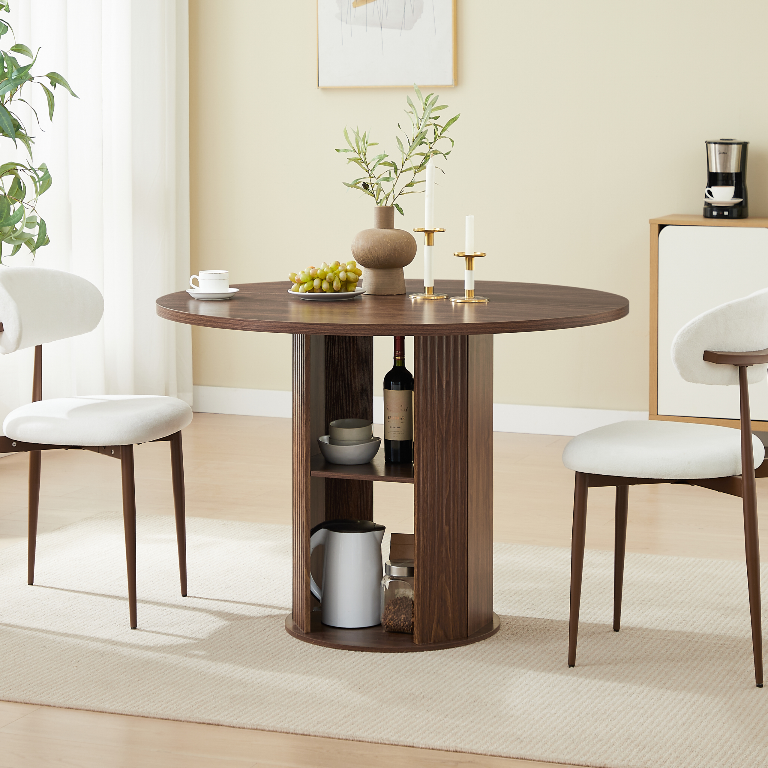 47.24" Round Dining Table (Serves 2–4) with Two Dining Chairs Blends modern and farmhouse styles, featuring a double-tiered storage shelf, suitable for dining rooms or living spaces.Walnut - Image 2