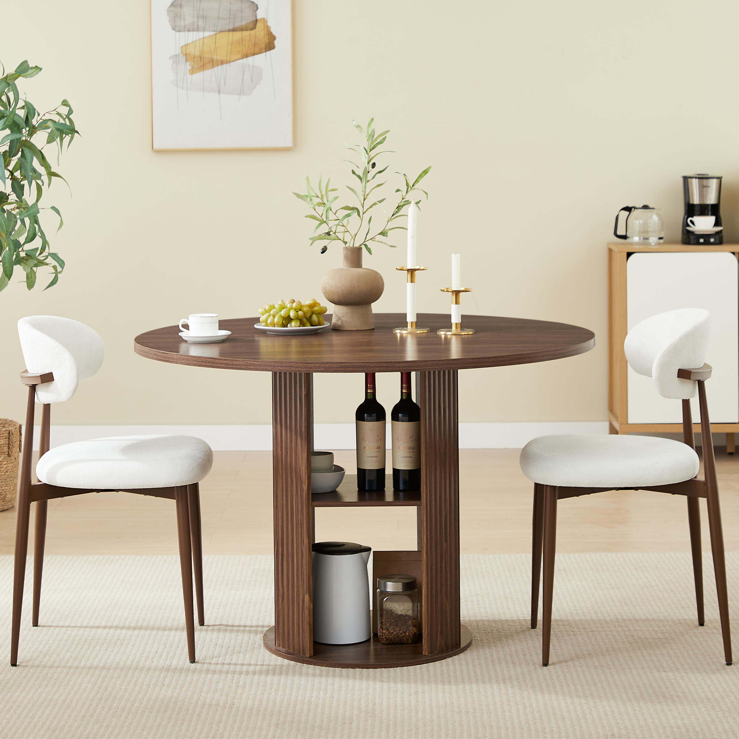 47.24" Round Dining Table (Serves 2–4) with Two Dining Chairs Blends modern and farmhouse styles, featuring a double-tiered storage shelf, suitable for dining rooms or living spaces.Walnut - Image 3