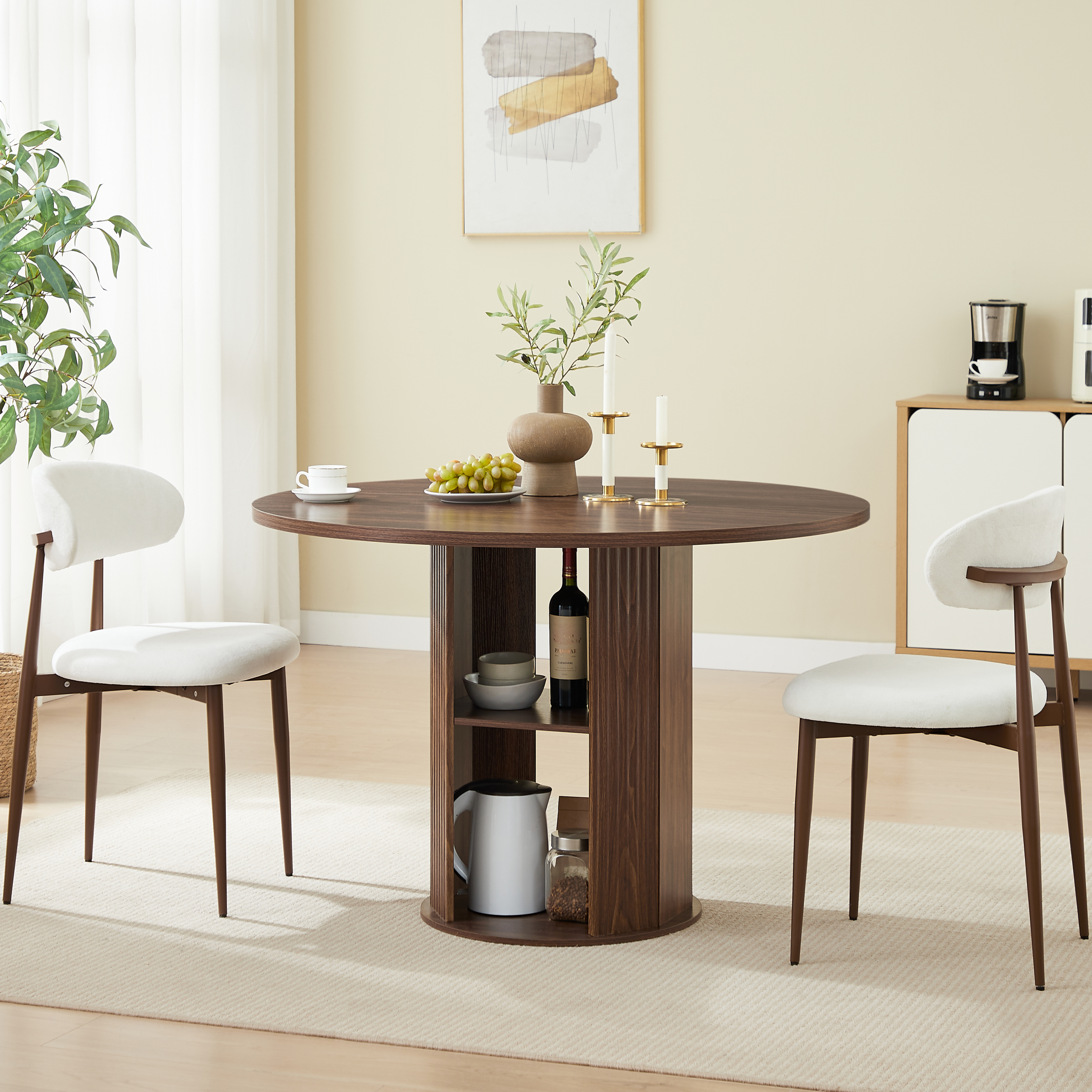 47.24" Round Dining Table (Serves 2–4) with Two Dining Chairs Blends modern and farmhouse styles, featuring a double-tiered storage shelf, suitable for dining rooms or living spaces.Walnut - Image 4