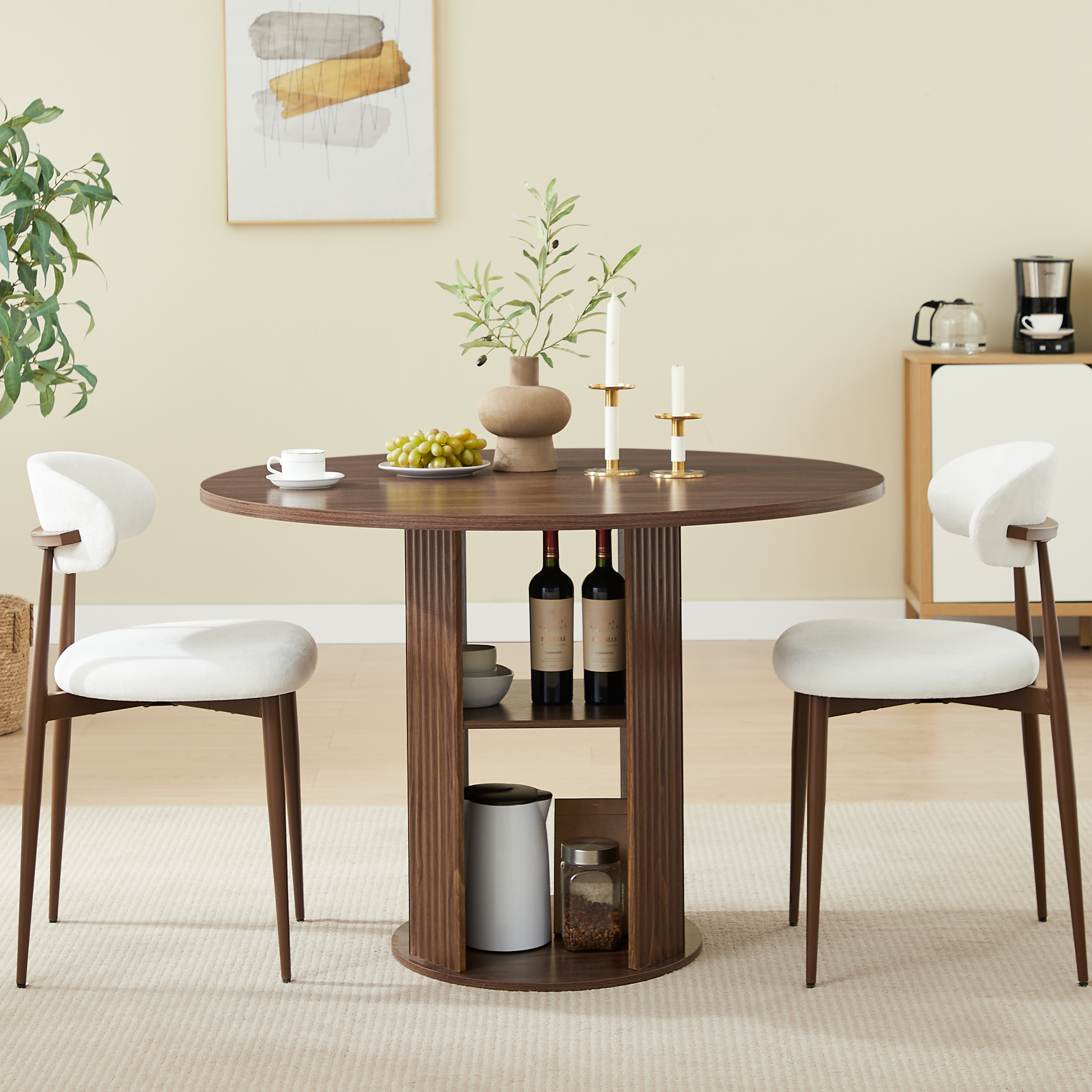 47.24" Round Dining Table (Serves 2–4) with Two Dining Chairs Blends modern and farmhouse styles, featuring a double-tiered storage shelf, suitable for dining rooms or living spaces.Walnut - Image 5
