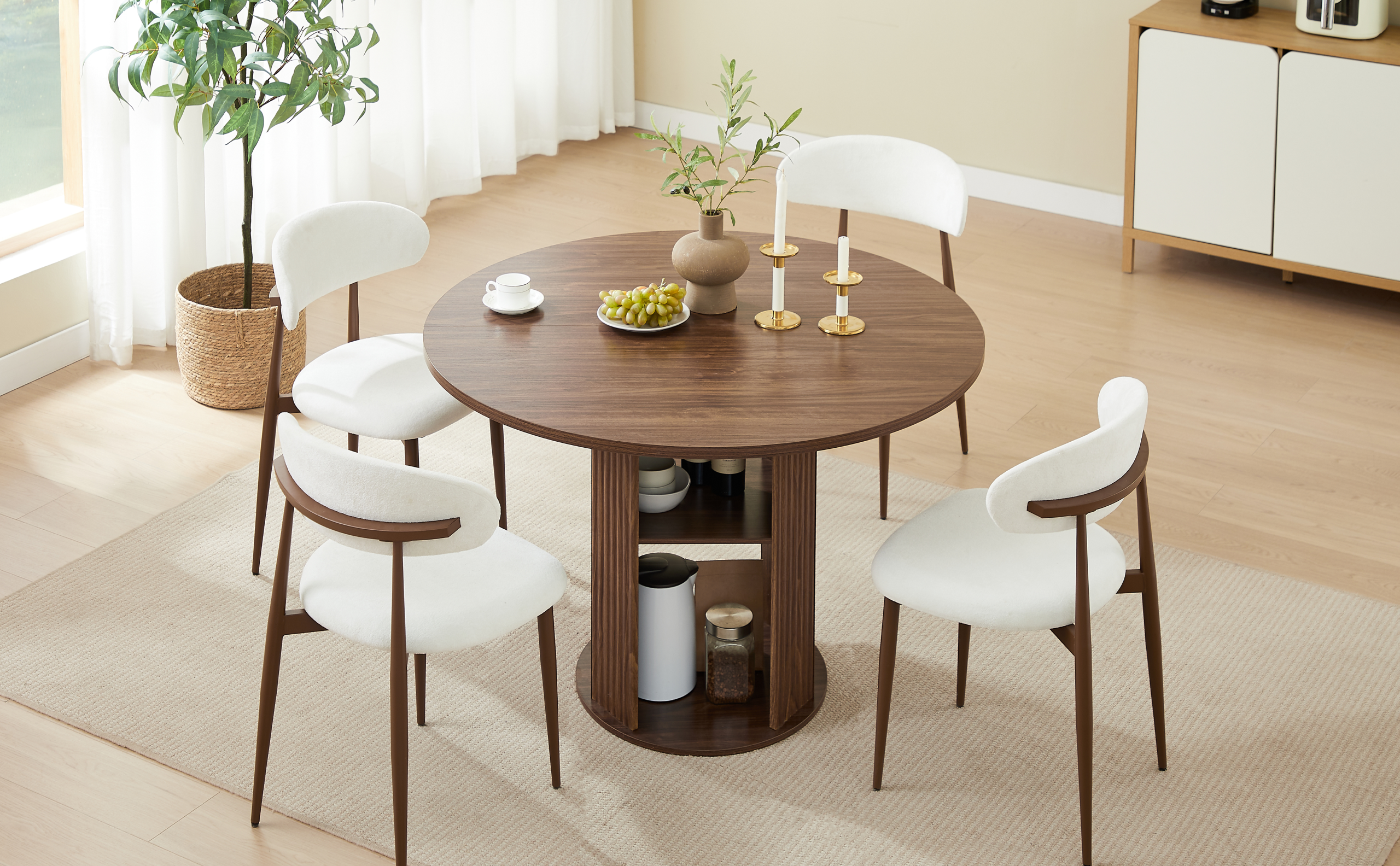 47.24" Round Dining Table (Serves 2–4) with Two Dining Chairs Blends modern and farmhouse styles, featuring a double-tiered storage shelf, suitable for dining rooms or living spaces.Walnut - Image 6