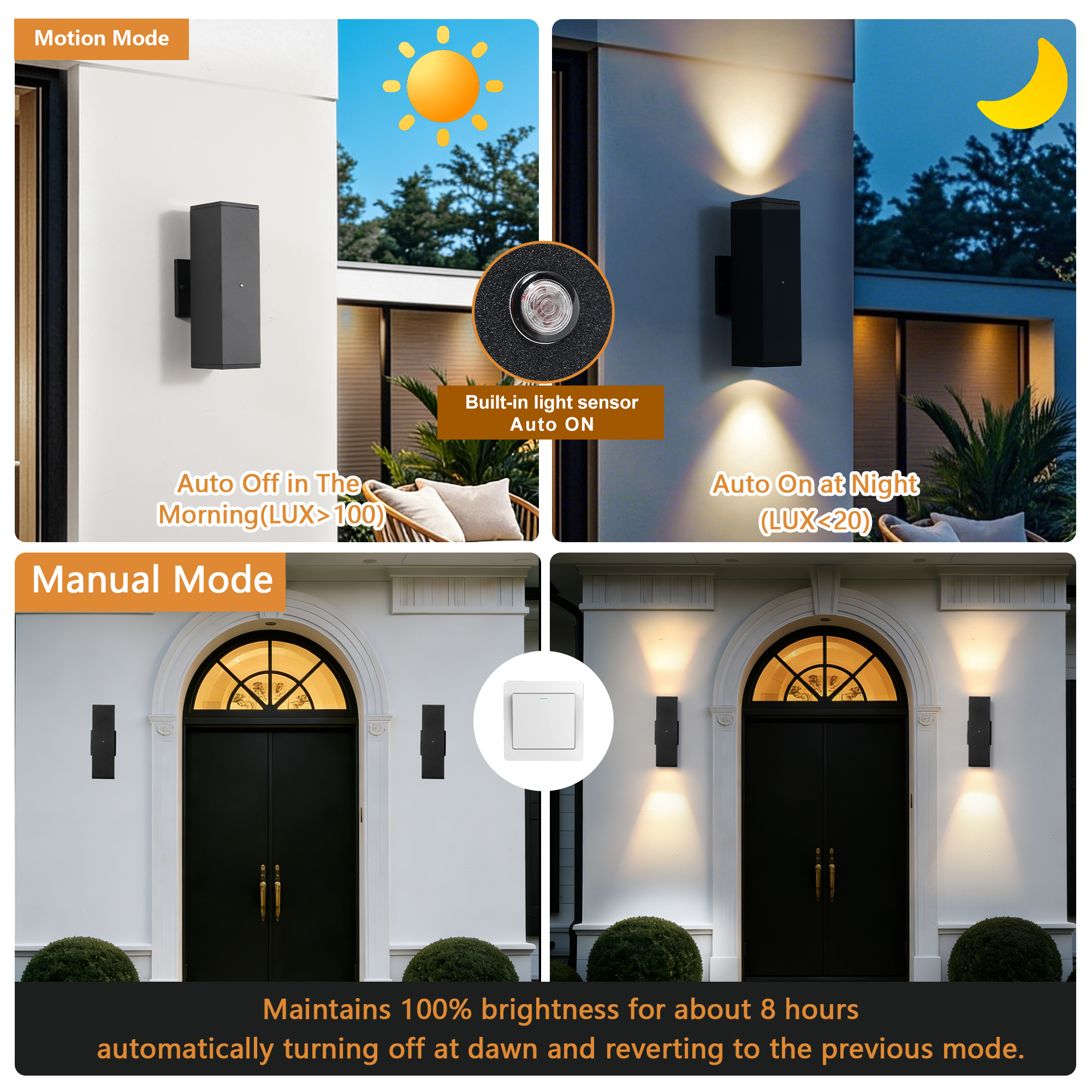 Outdoor Wall Light Fixture,Exterior Lighting Fixtures,Dusk to Dawn Modern Sconce Lights for Porch Patio Garage Front Door (Black,Square,with Sensor,2PK) - Image 5