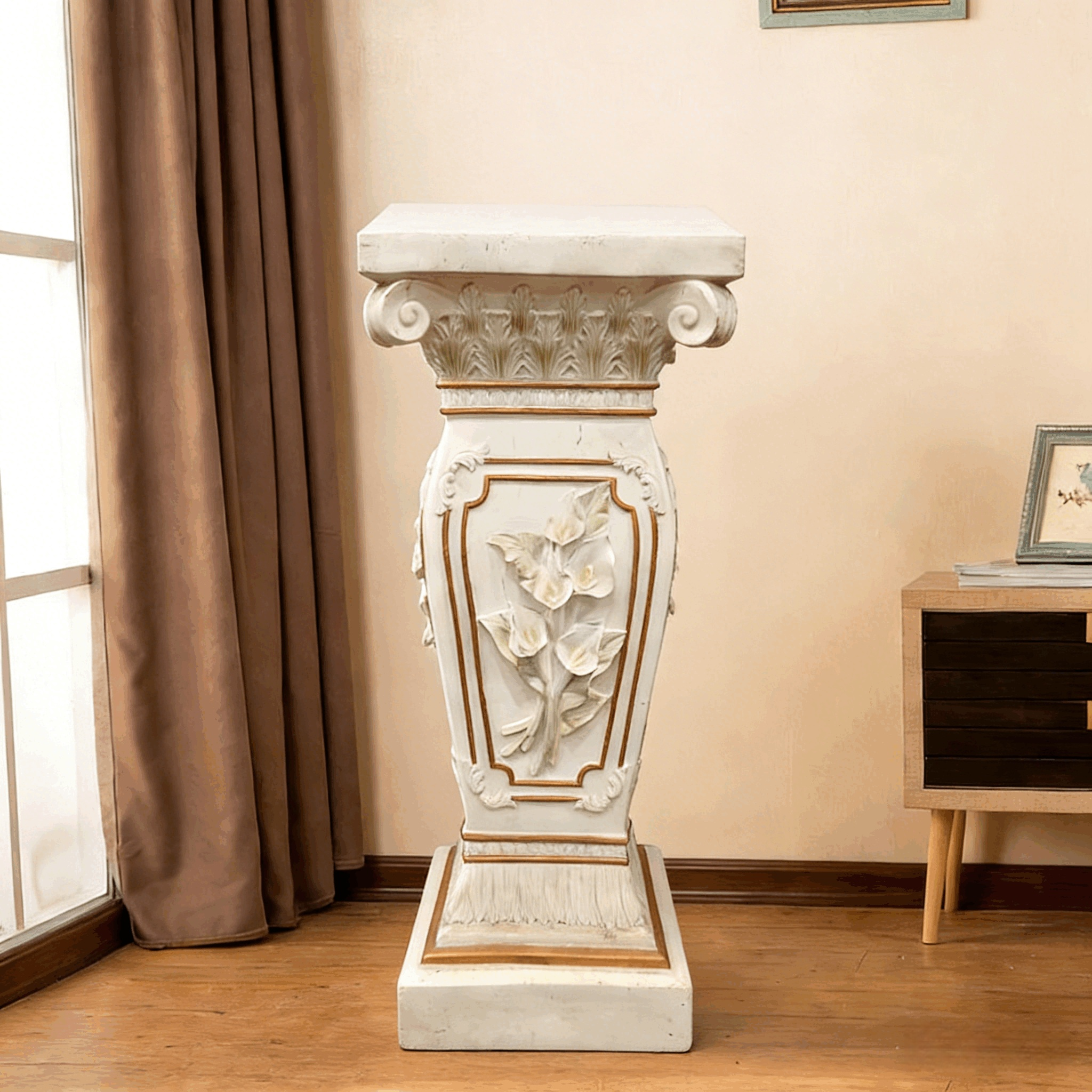 22.05" H x 9.06" W European Style Floral Carved Roman Column Pedestal, Resin Decorative Pillar, Elegant Garden & Courtyard Display Stand for Statues & Ornaments - Image 2