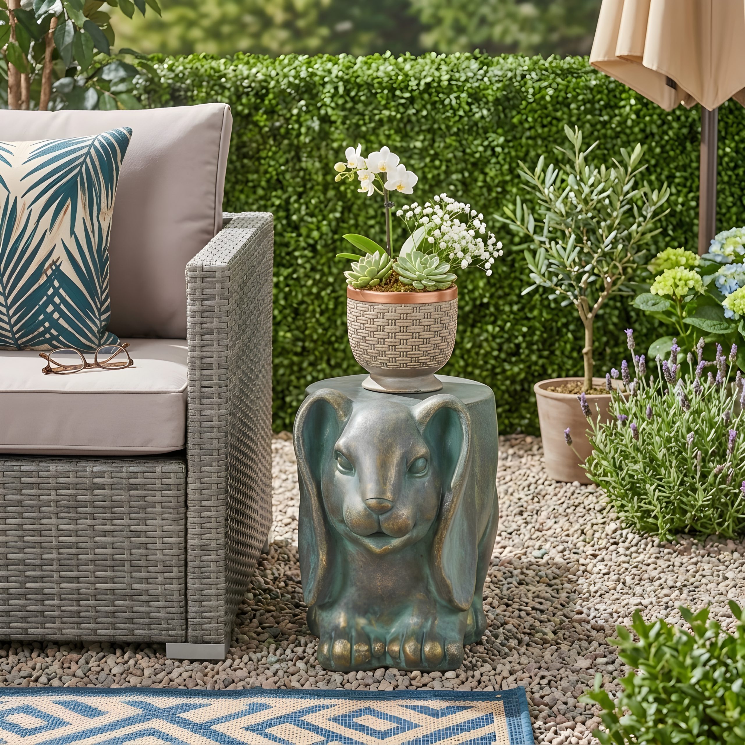 13inch High Rabbit Garden Stool, Lightweight Concrete, Gold Patina Finish, No Assembly Required - Image 2