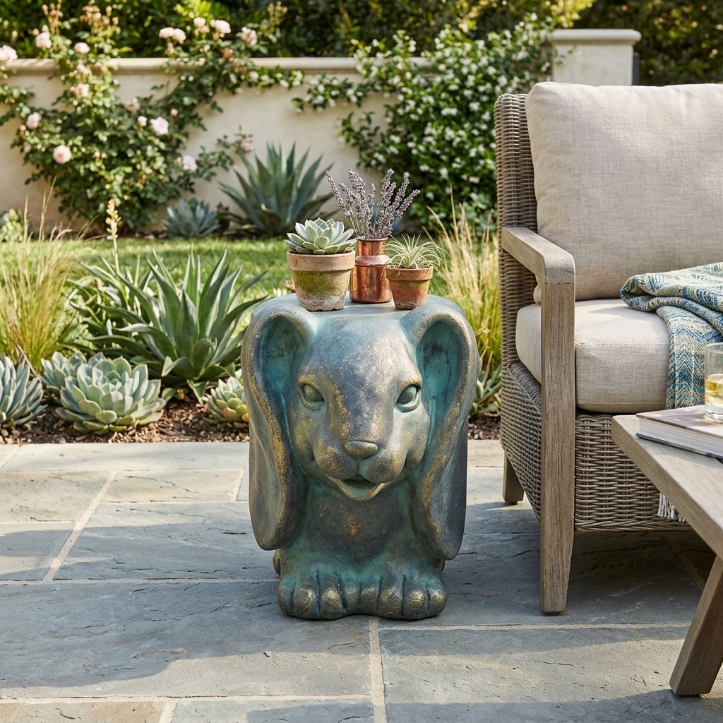 13inch High Rabbit Garden Stool, Lightweight Concrete, Gold Patina Finish, No Assembly Required - Image 3