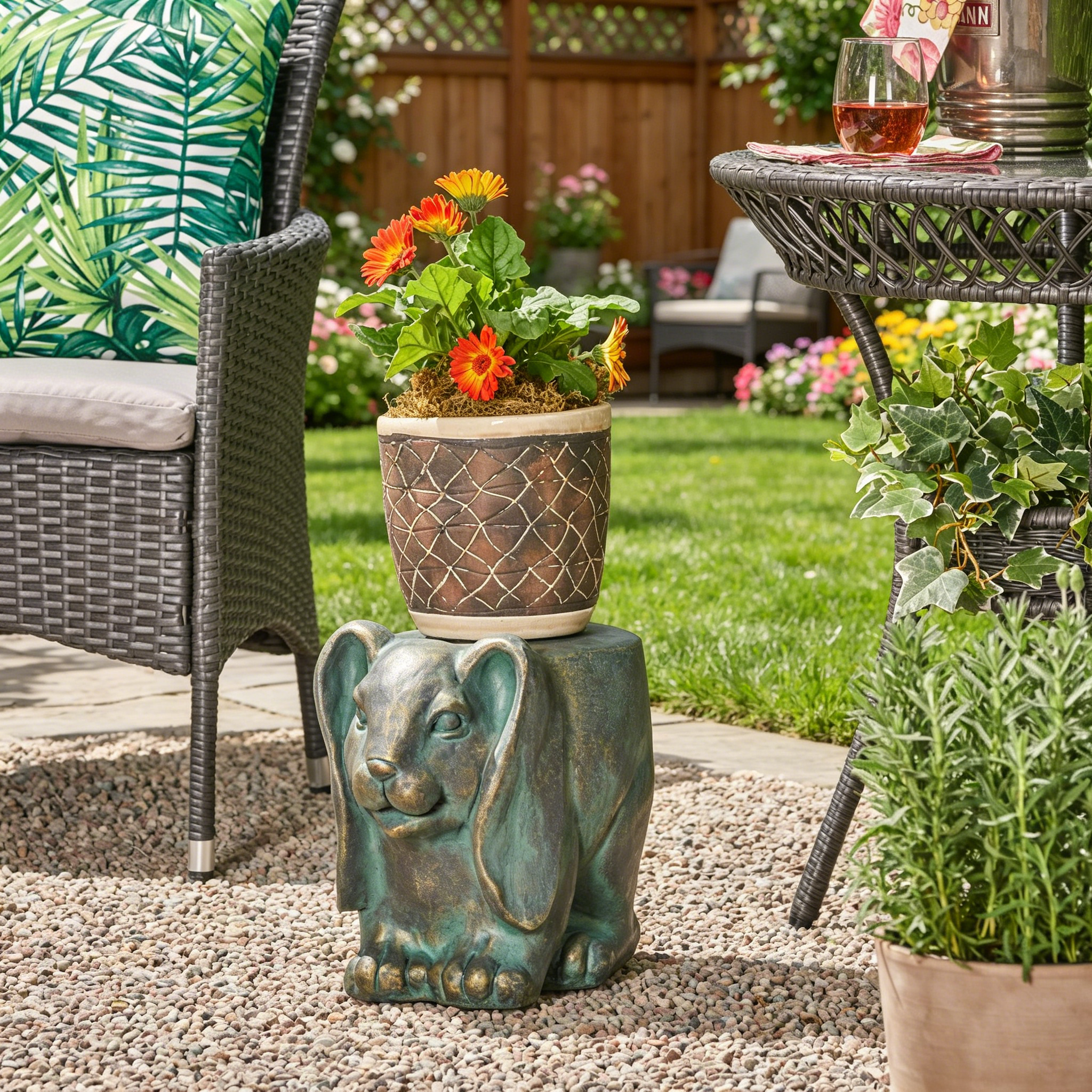13inch High Rabbit Garden Stool, Lightweight Concrete, Gold Patina Finish, No Assembly Required - Image 4
