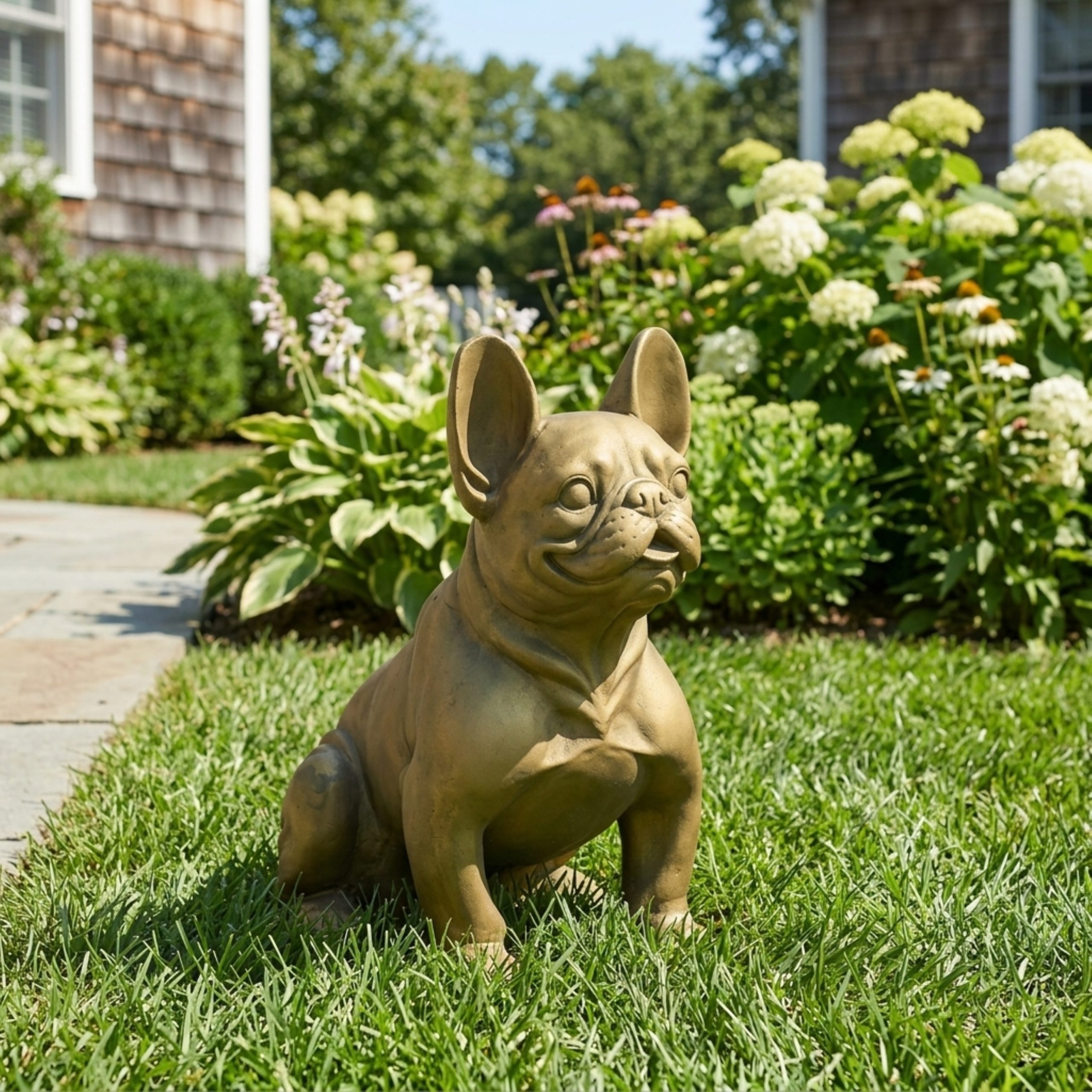 DOG GARDEN SCULPTURE, Outdoor French Bulldog Garden Statue, Rustic Gold, No Assembly Required - Image 2