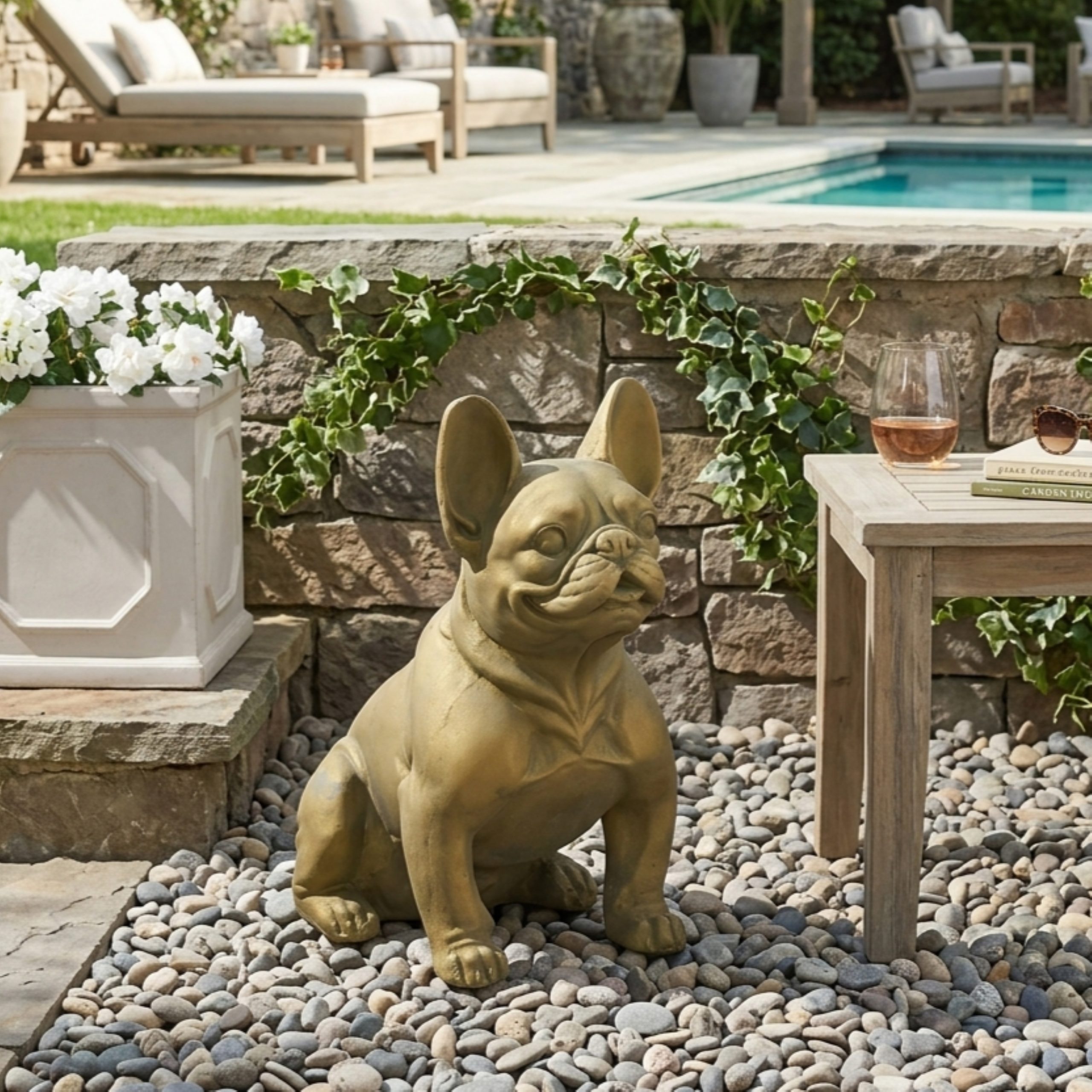 DOG GARDEN SCULPTURE, Outdoor French Bulldog Garden Statue, Rustic Gold, No Assembly Required - Image 3