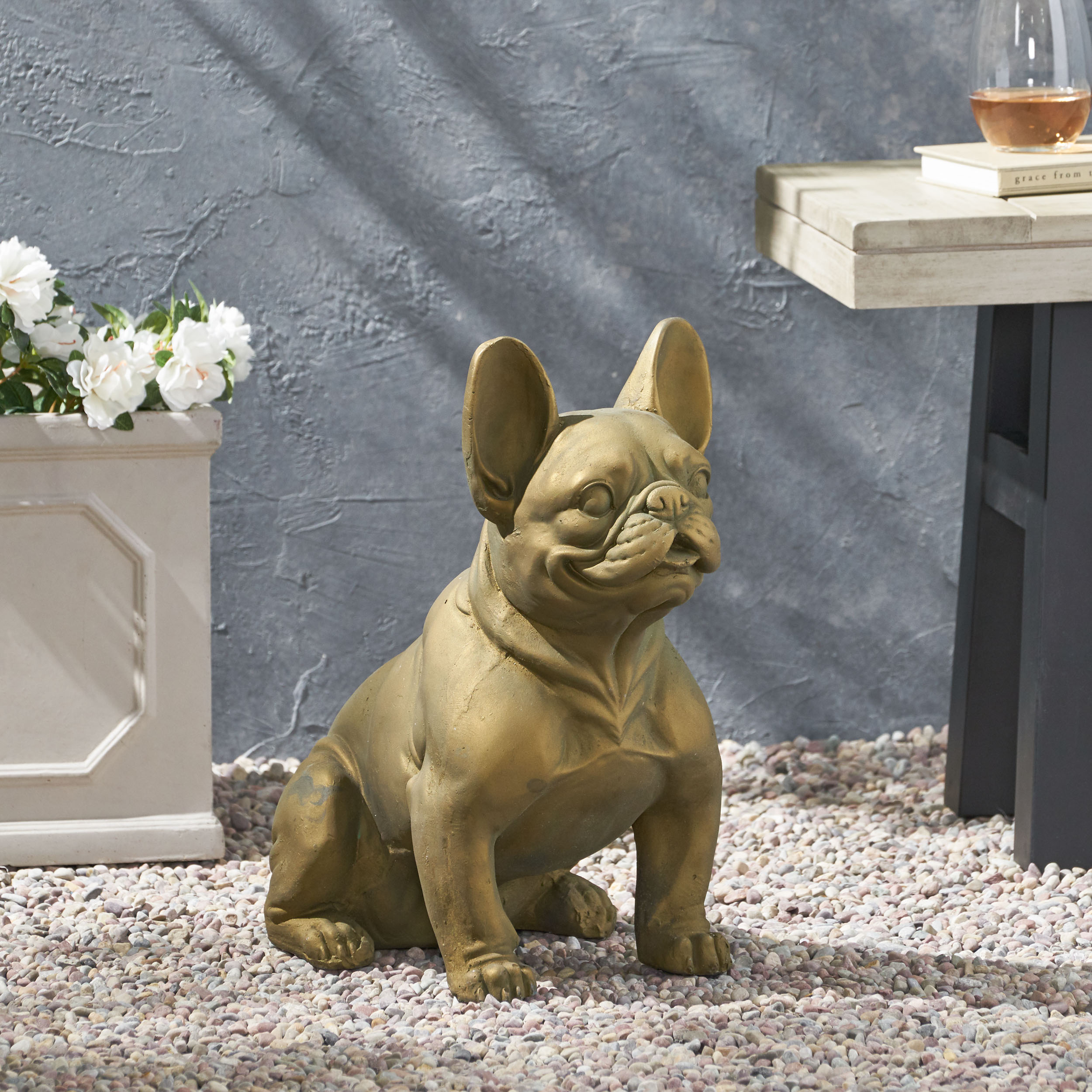 DOG GARDEN SCULPTURE, Outdoor French Bulldog Garden Statue, Rustic Gold, No Assembly Required - Image 4