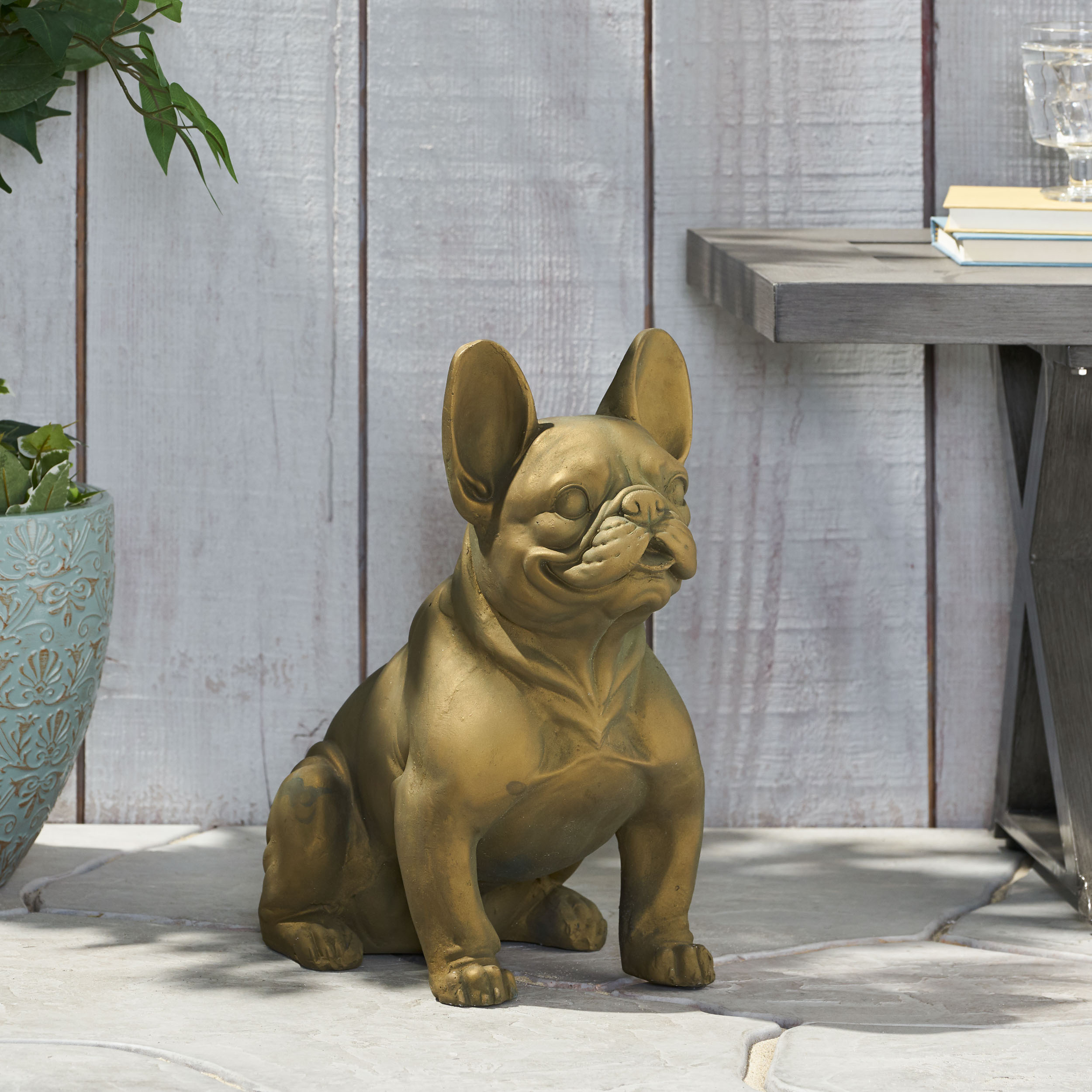 DOG GARDEN SCULPTURE, Outdoor French Bulldog Garden Statue, Rustic Gold, No Assembly Required - Image 5