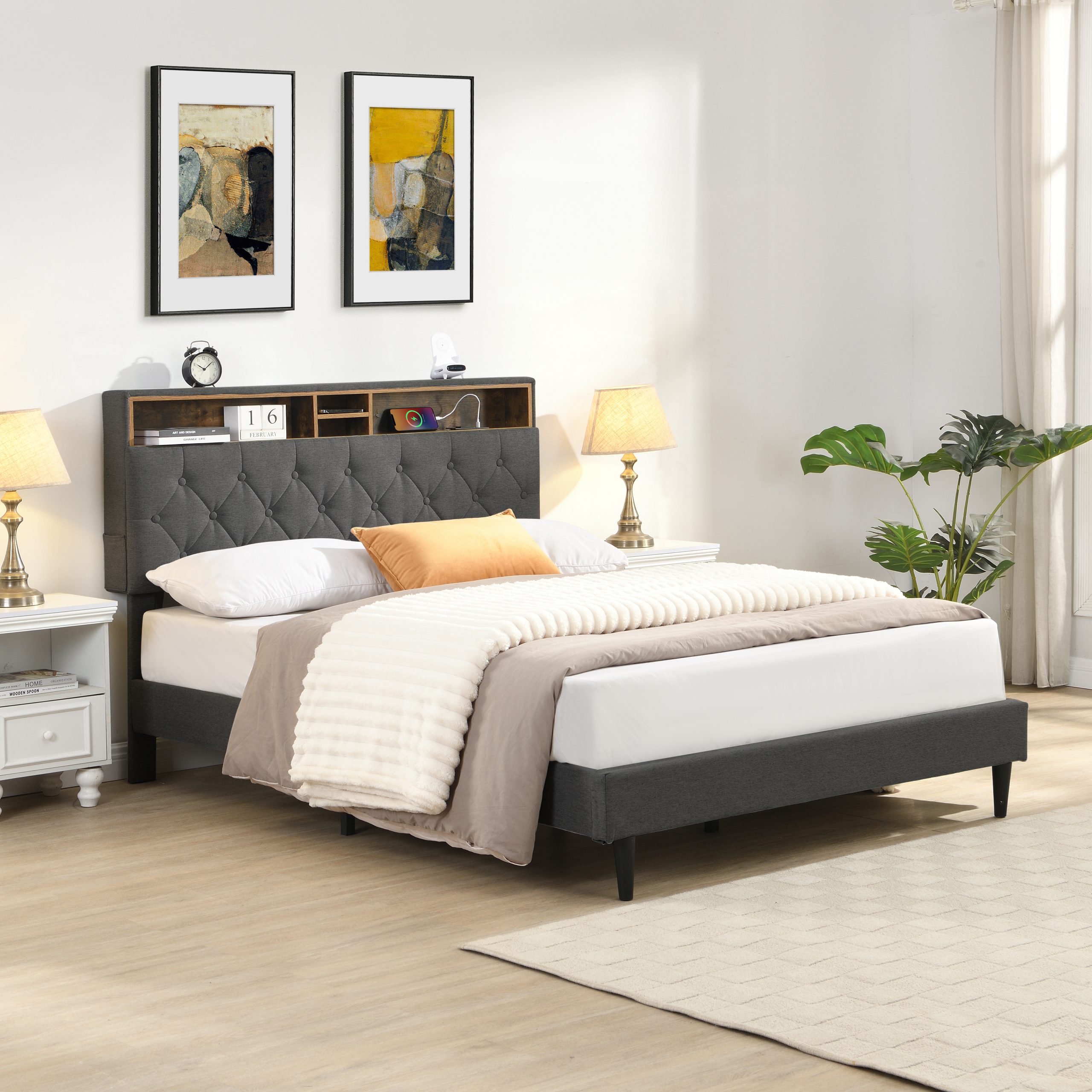 KING -Size Upholstered Platform Bed Frame with a Modern Button-Tufted Linen Fabric Headboard,USB Ports,Convenient Charging Station,two side-mounted pockets,not require a box spring, Dark Grey - Image 3