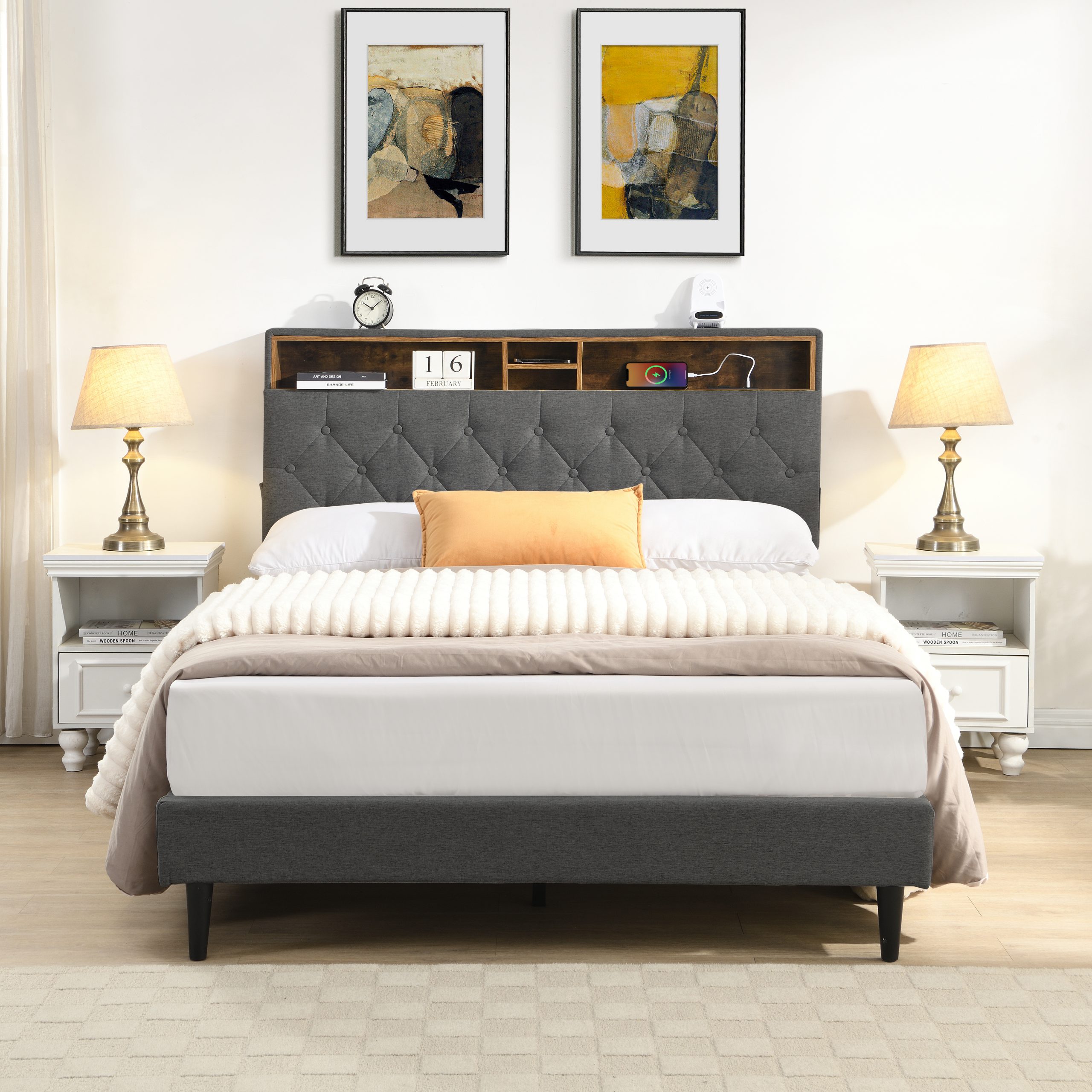 KING -Size Upholstered Platform Bed Frame with a Modern Button-Tufted Linen Fabric Headboard,USB Ports,Convenient Charging Station,two side-mounted pockets,not require a box spring, Dark Grey - Image 2