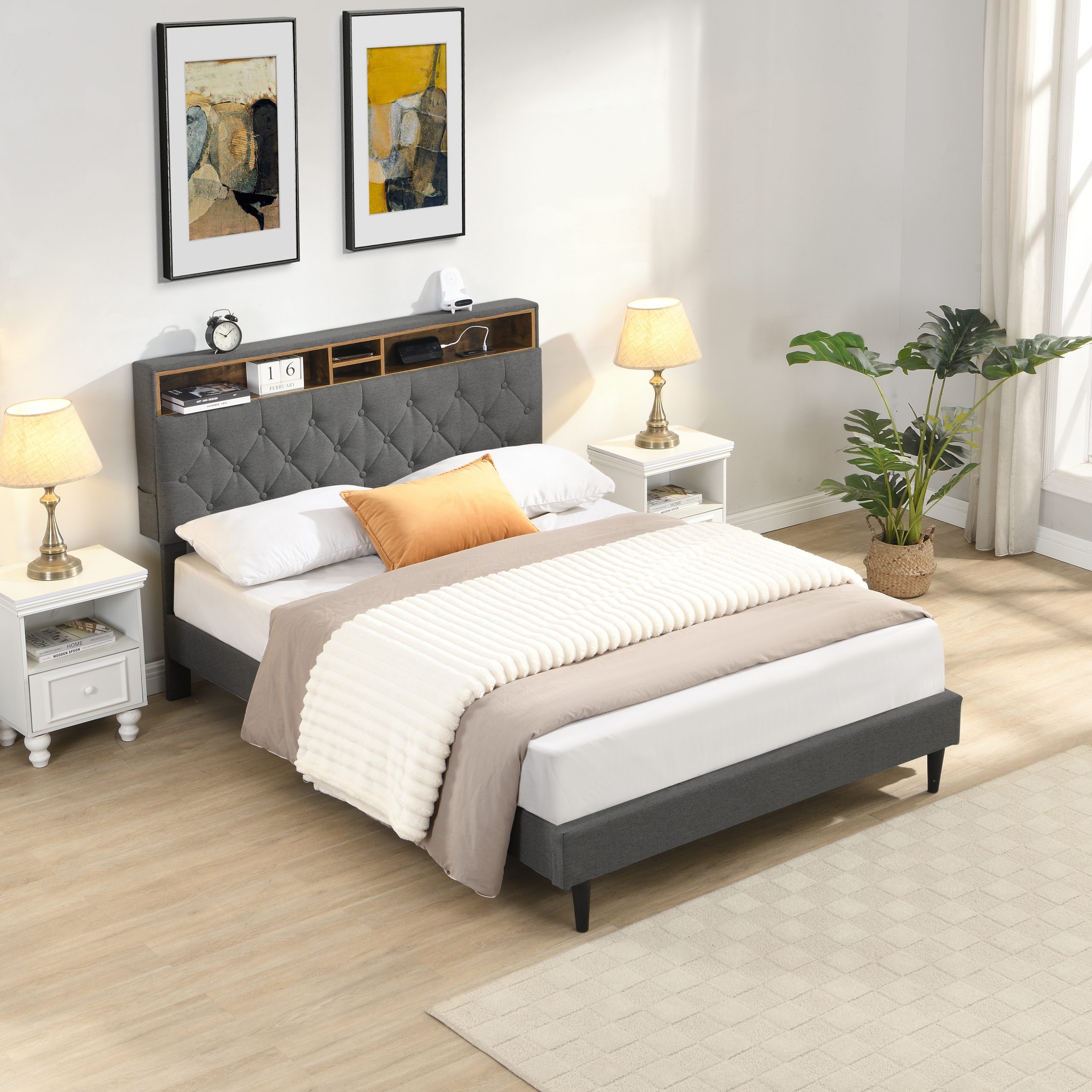 KING -Size Upholstered Platform Bed Frame with a Modern Button-Tufted Linen Fabric Headboard,USB Ports,Convenient Charging Station,two side-mounted pockets,not require a box spring, Dark Grey - Image 1