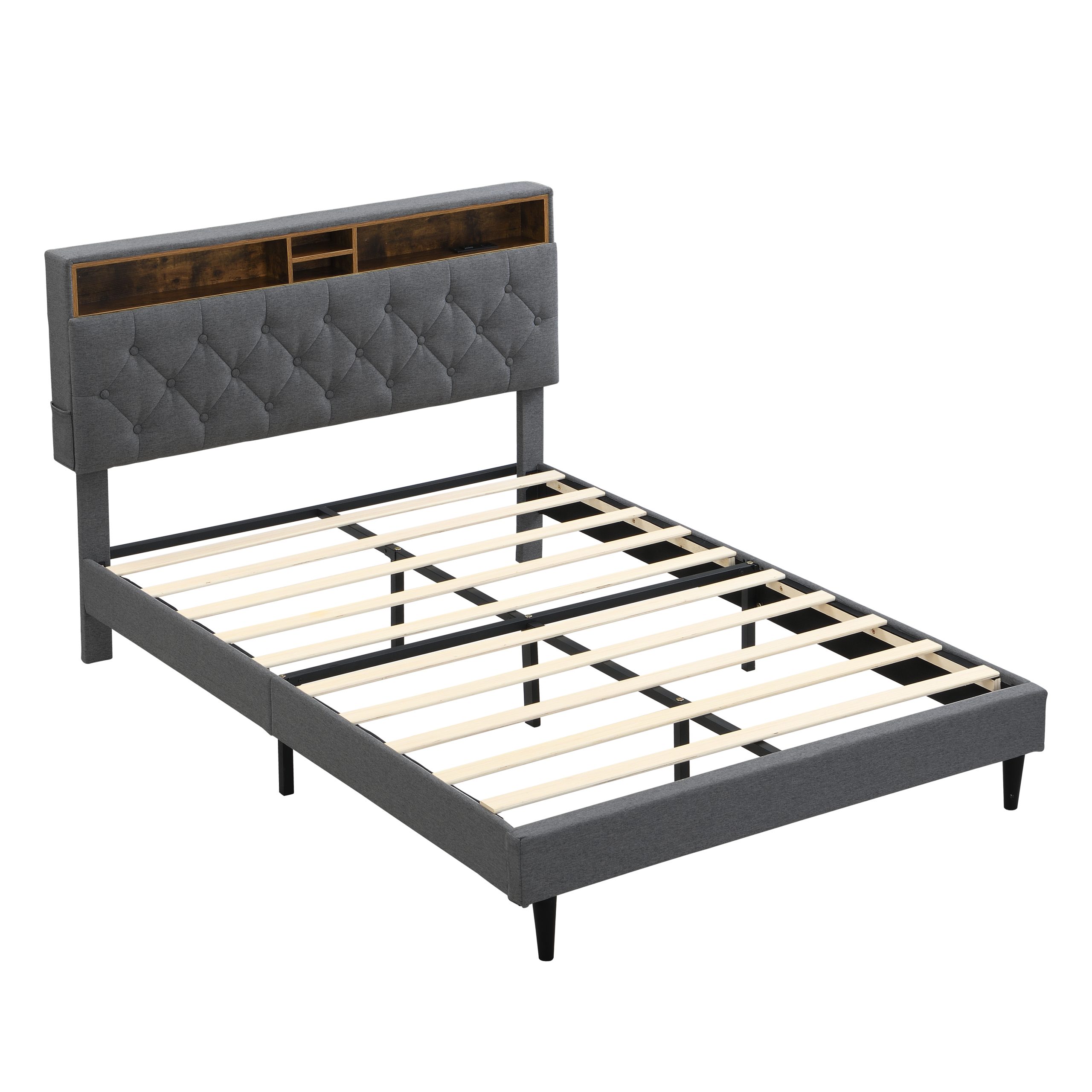 KING -Size Upholstered Platform Bed Frame with a Modern Button-Tufted Linen Fabric Headboard,USB Ports,Convenient Charging Station,two side-mounted pockets,not require a box spring, Dark Grey - Image 6