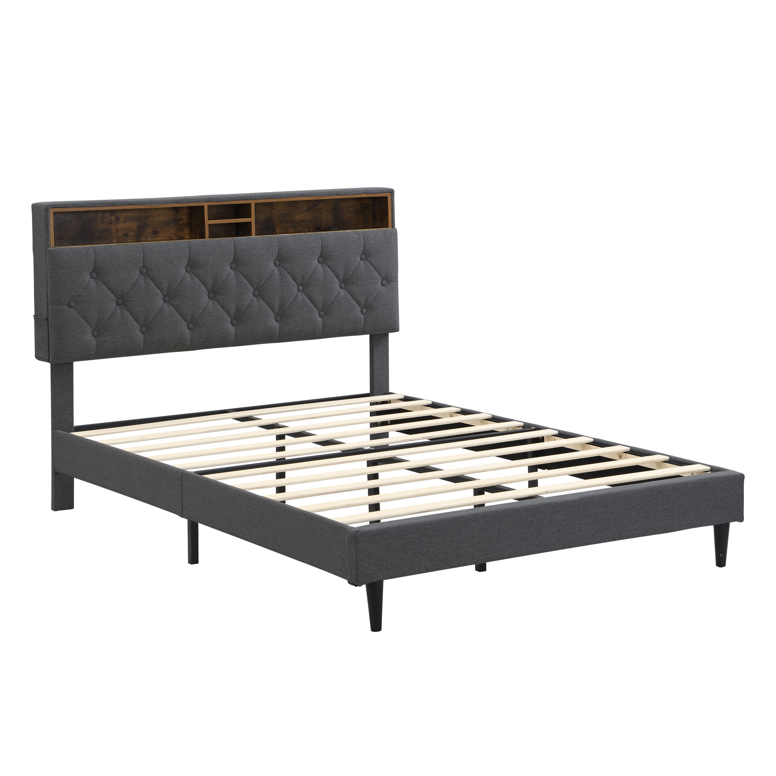 KING -Size Upholstered Platform Bed Frame with a Modern Button-Tufted Linen Fabric Headboard,USB Ports,Convenient Charging Station,two side-mounted pockets,not require a box spring, Dark Grey - Image 4