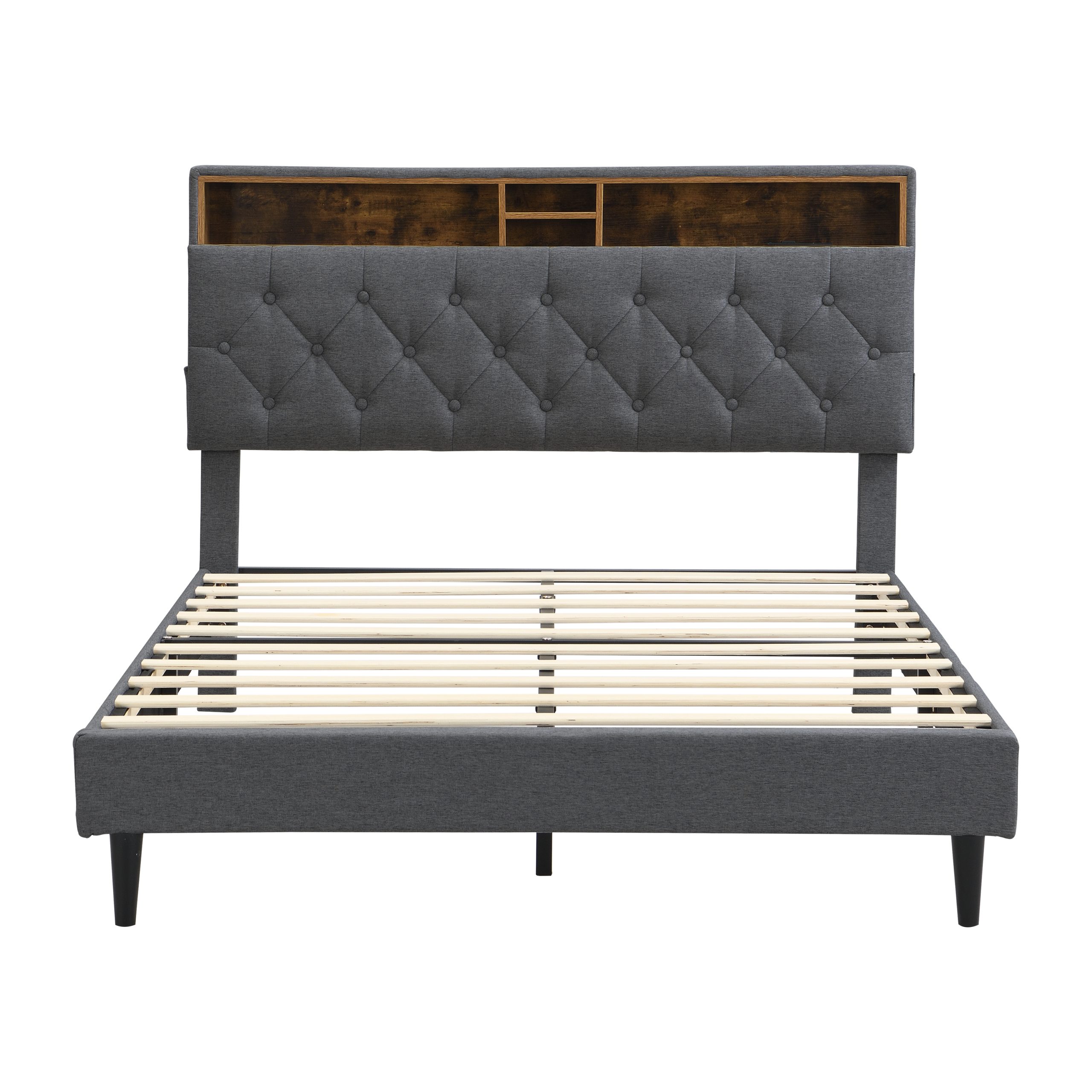 Queen-Size Upholstered Platform Bed Frame with a Modern Button-Tufted Linen Fabric Headboard,USB Ports,Convenient Charging Station,two side-mounted pockets,not require a box spring, Dark Grey - Image 6