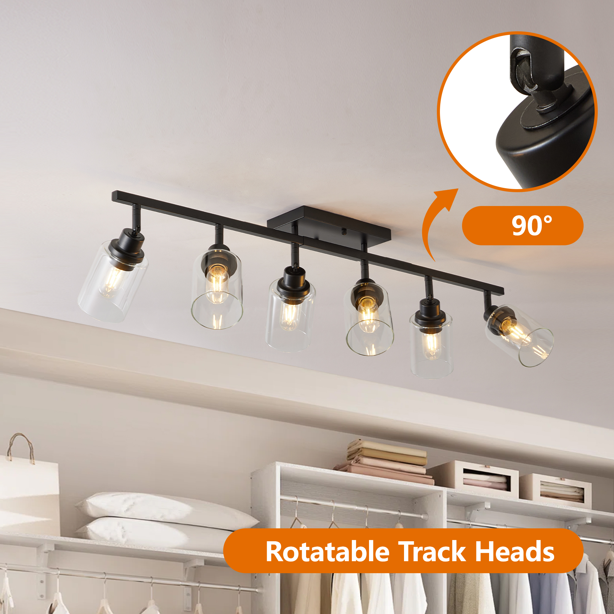 6-Light Track Lighting Kit Black Track Lighting Fixtures Bathroom Wall Sconces Ceiling Mount Kitchen Tracking Lights, Rotatable Spotlight with Clear Glass Shade for Kitchen Shop Hallway - Image 2