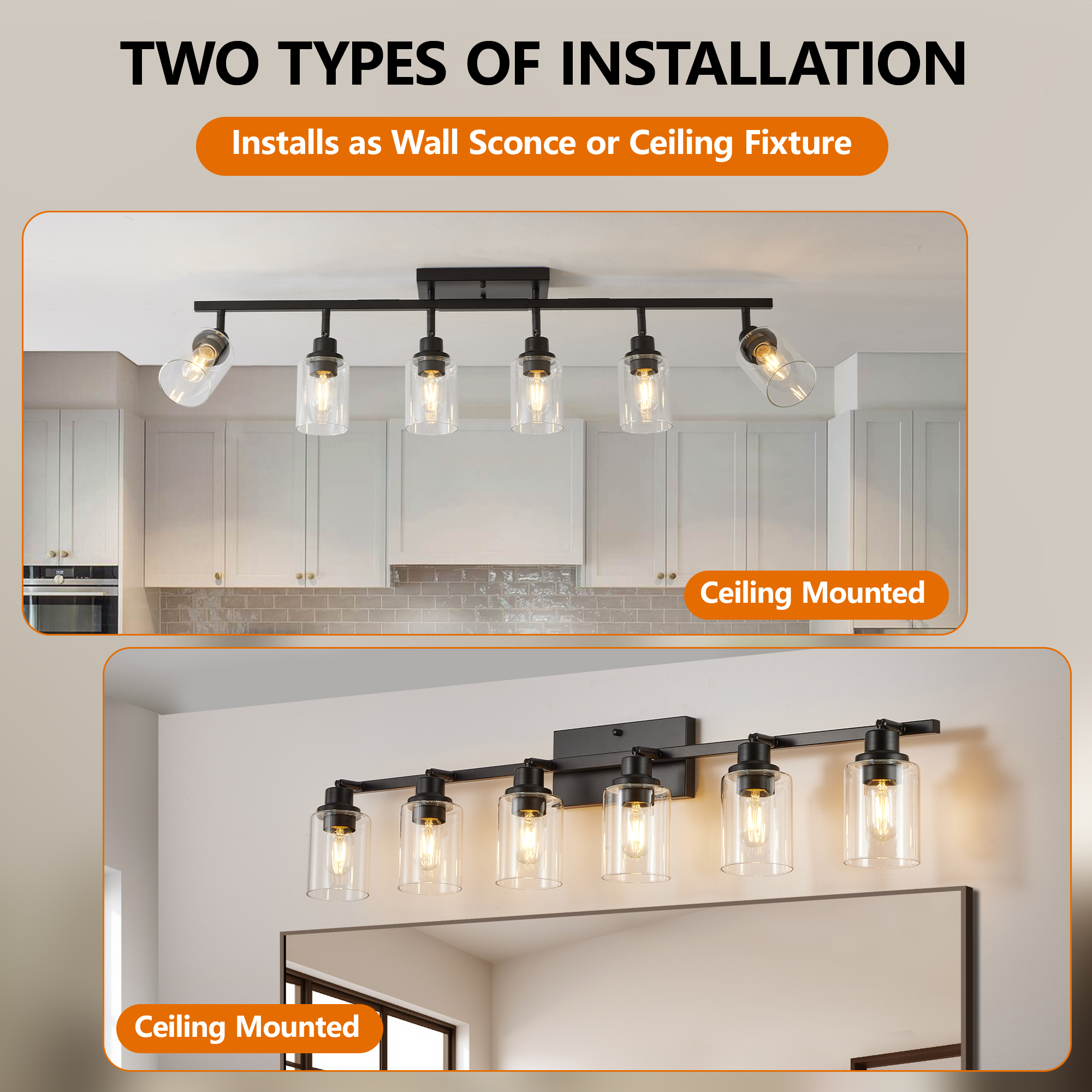 6-Light Track Lighting Kit Black Track Lighting Fixtures Bathroom Wall Sconces Ceiling Mount Kitchen Tracking Lights, Rotatable Spotlight with Clear Glass Shade for Kitchen Shop Hallway - Image 3