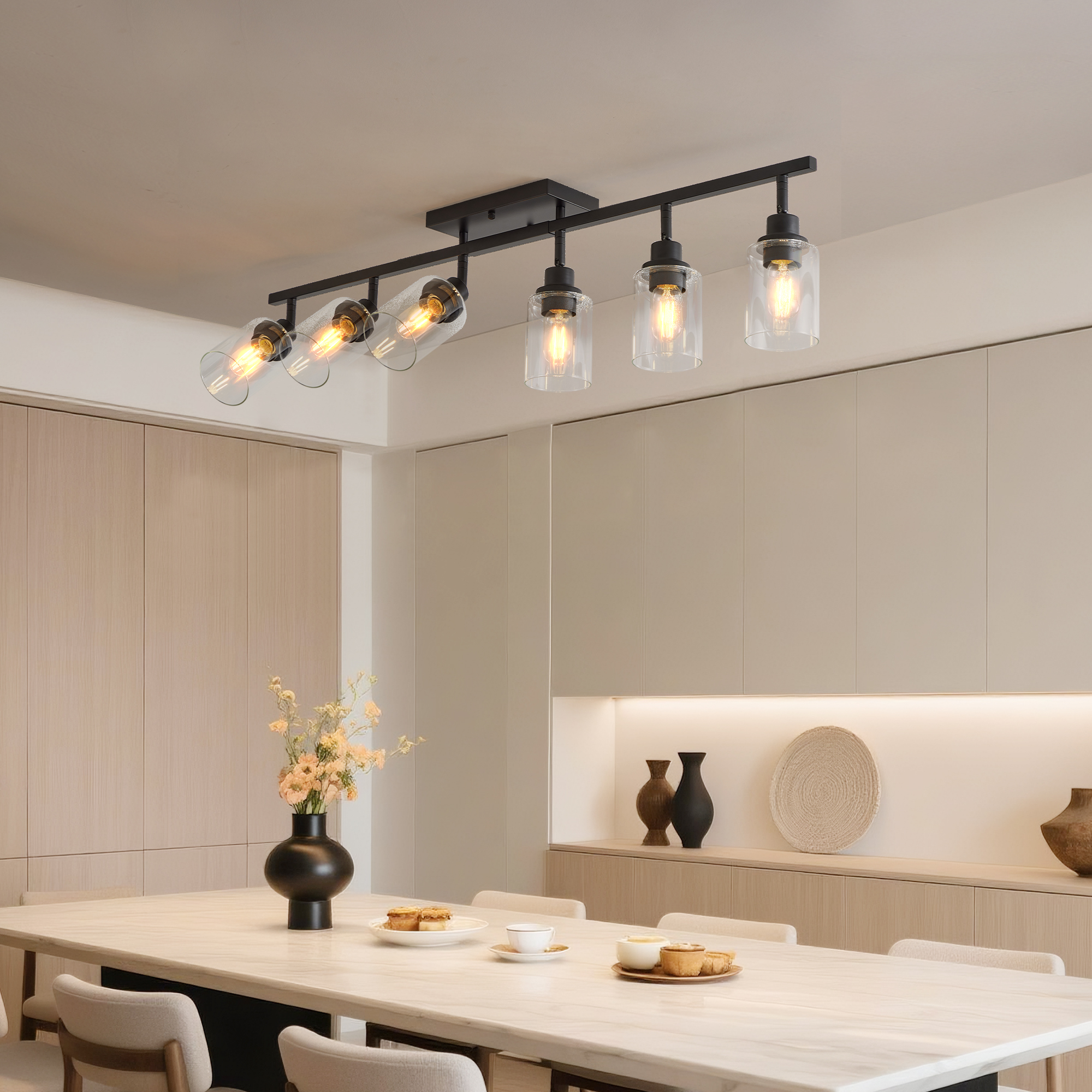 6-Light Track Lighting Kit Black Track Lighting Fixtures Bathroom Wall Sconces Ceiling Mount Kitchen Tracking Lights, Rotatable Spotlight with Clear Glass Shade for Kitchen Shop Hallway - Image 5