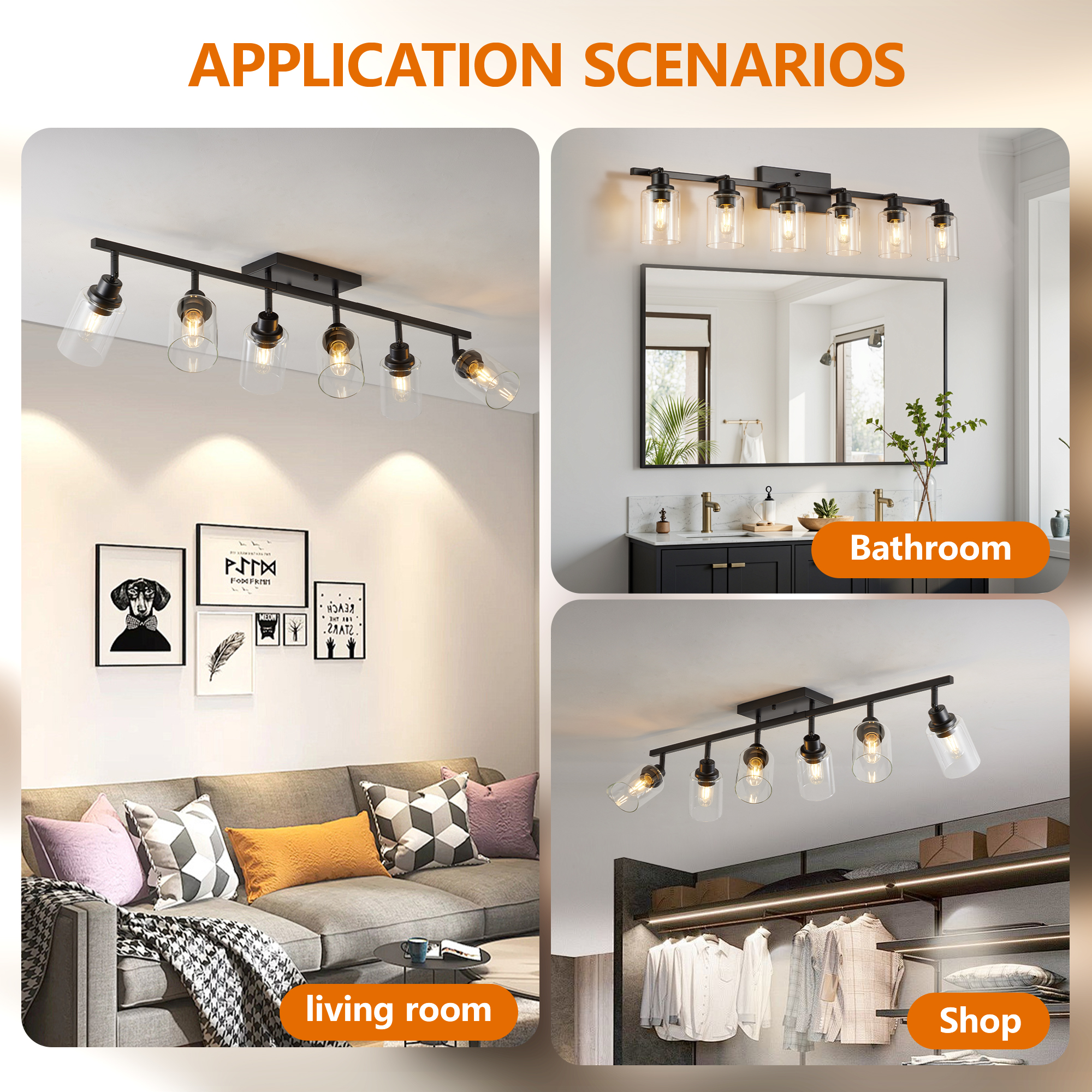 6-Light Track Lighting Kit Black Track Lighting Fixtures Bathroom Wall Sconces Ceiling Mount Kitchen Tracking Lights, Rotatable Spotlight with Clear Glass Shade for Kitchen Shop Hallway - Image 6