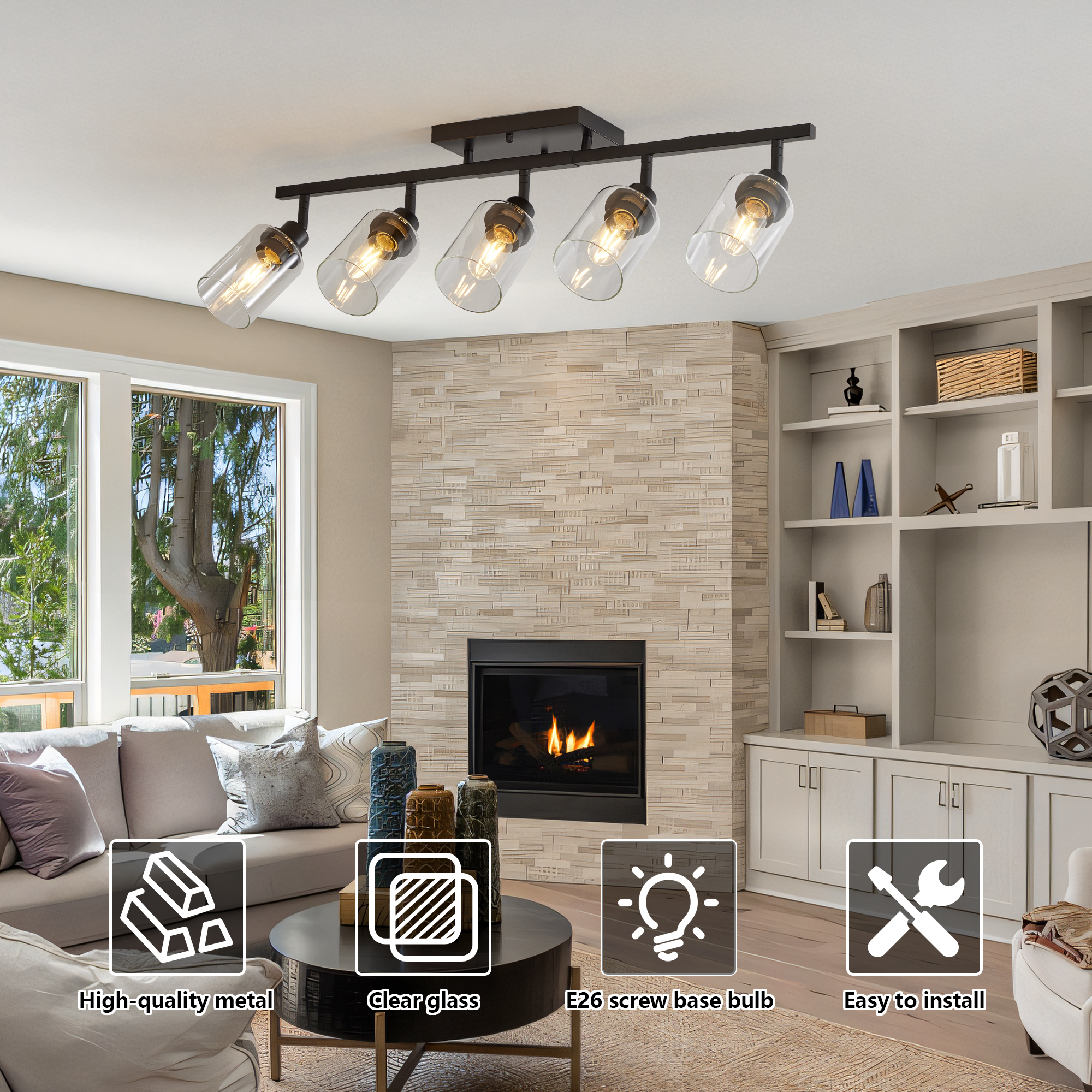 5-Light Track Lighting Kit Black Track Lighting Fixtures Bathroom Wall Sconces Ceiling Mount Kitchen Tracking Lights, Rotatable Spotlight with Clear Glass Shade for Kitchen Shop Hallway - Image 2