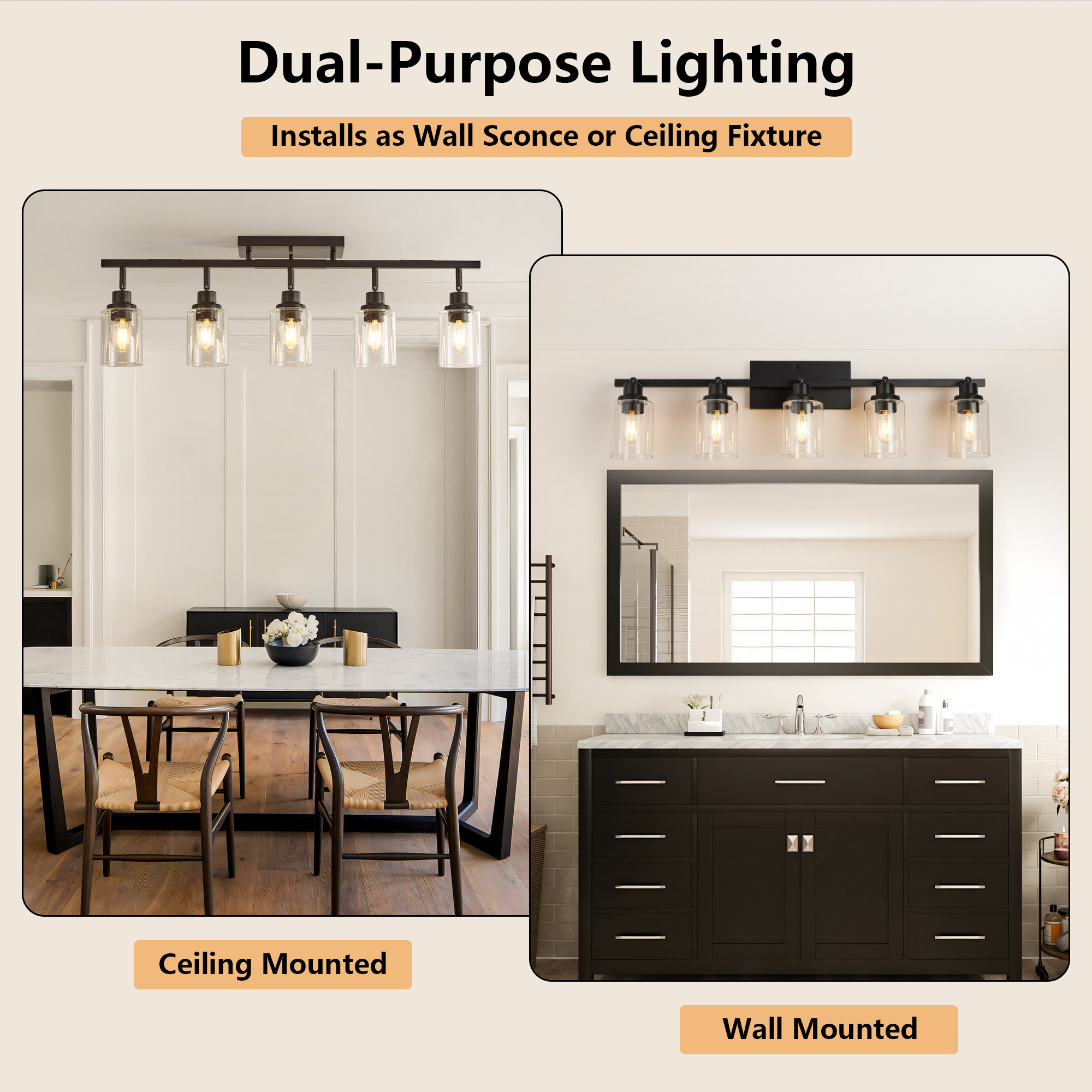 5-Light Track Lighting Kit Black Track Lighting Fixtures Bathroom Wall Sconces Ceiling Mount Kitchen Tracking Lights, Rotatable Spotlight with Clear Glass Shade for Kitchen Shop Hallway - Image 3