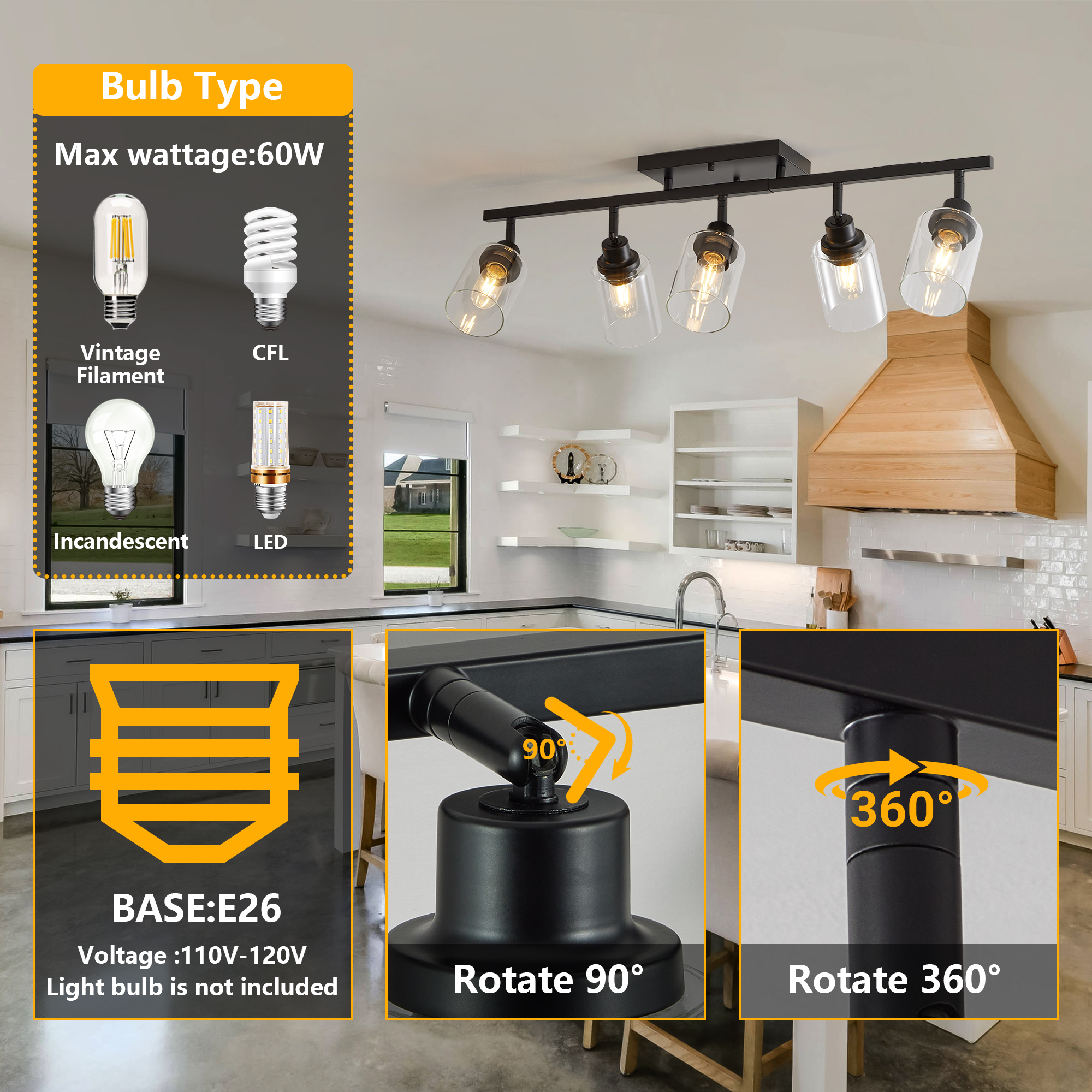 5-Light Track Lighting Kit Black Track Lighting Fixtures Bathroom Wall Sconces Ceiling Mount Kitchen Tracking Lights, Rotatable Spotlight with Clear Glass Shade for Kitchen Shop Hallway - Image 5
