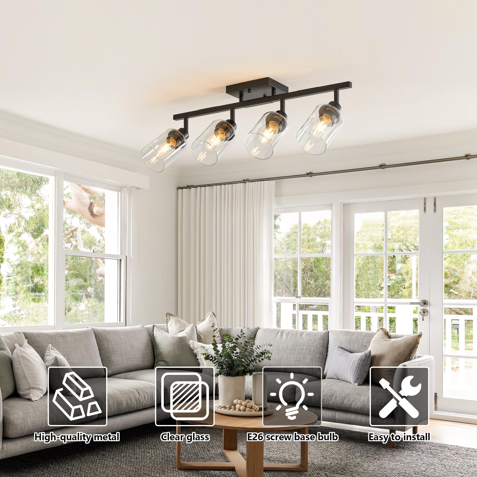 4-Lights Track Lighting Fixtures Ceiling with Clear Glass Shades, Modern Black Semi Flush Mount Ceiling Light, Rotatable Wall Mount Ceiling Lamp for Kitchen Hallway Bedroom(Bulb Not Included) - Image 2
