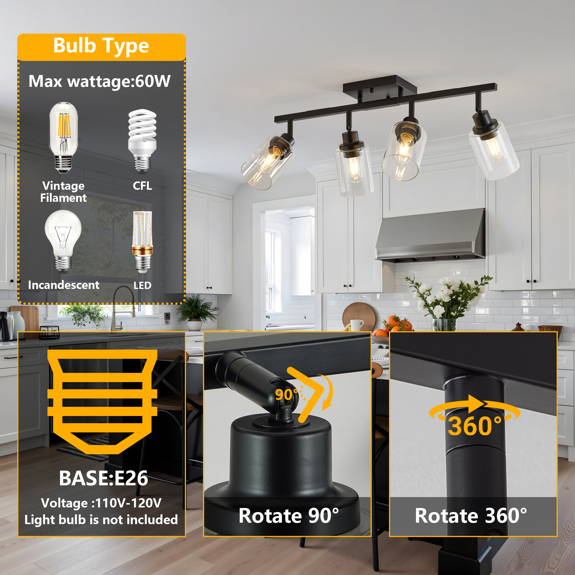 4-Lights Track Lighting Fixtures Ceiling with Clear Glass Shades, Modern Black Semi Flush Mount Ceiling Light, Rotatable Wall Mount Ceiling Lamp for Kitchen Hallway Bedroom(Bulb Not Included) - Image 5