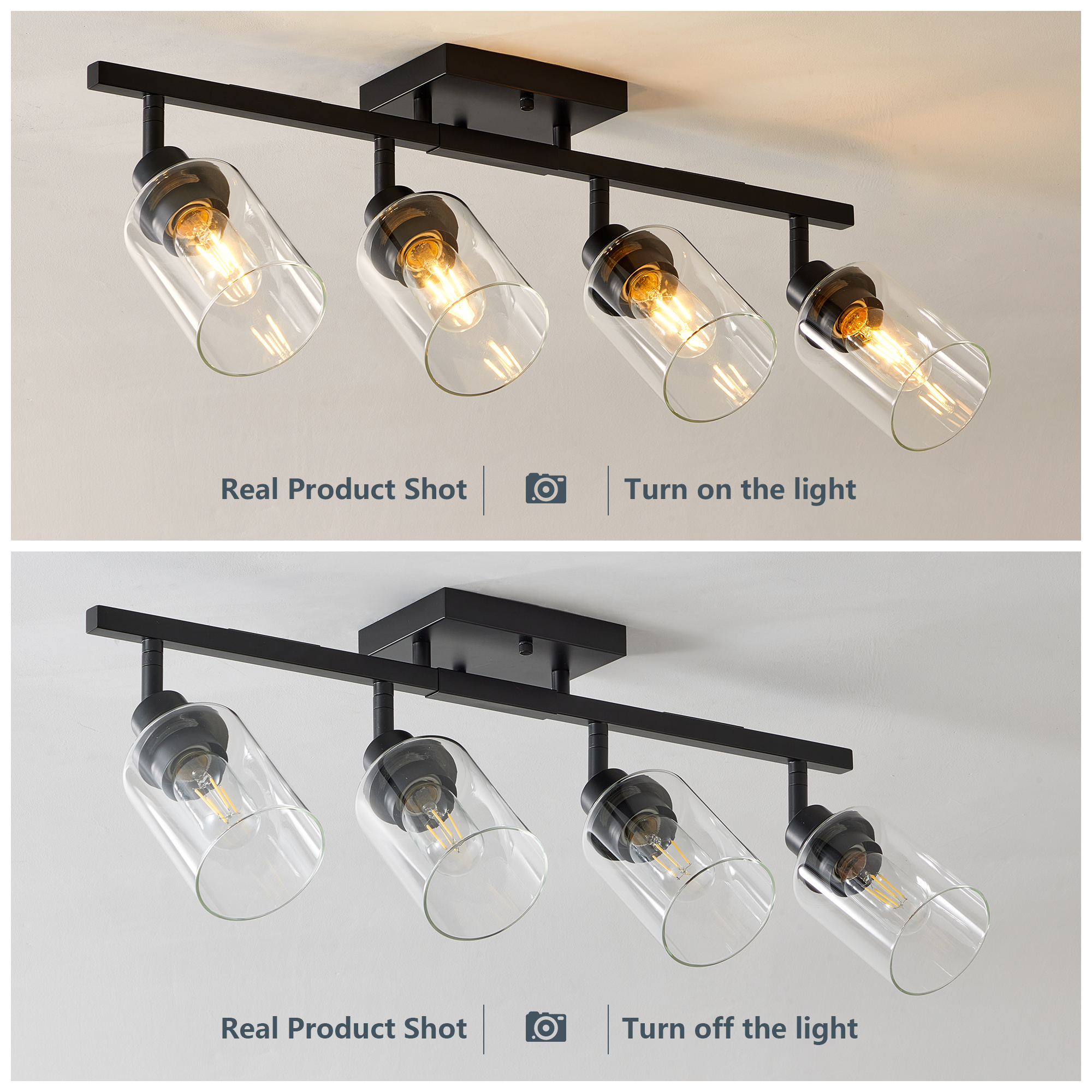 4-Lights Track Lighting Fixtures Ceiling with Clear Glass Shades, Modern Black Semi Flush Mount Ceiling Light, Rotatable Wall Mount Ceiling Lamp for Kitchen Hallway Bedroom(Bulb Not Included) - Image 4