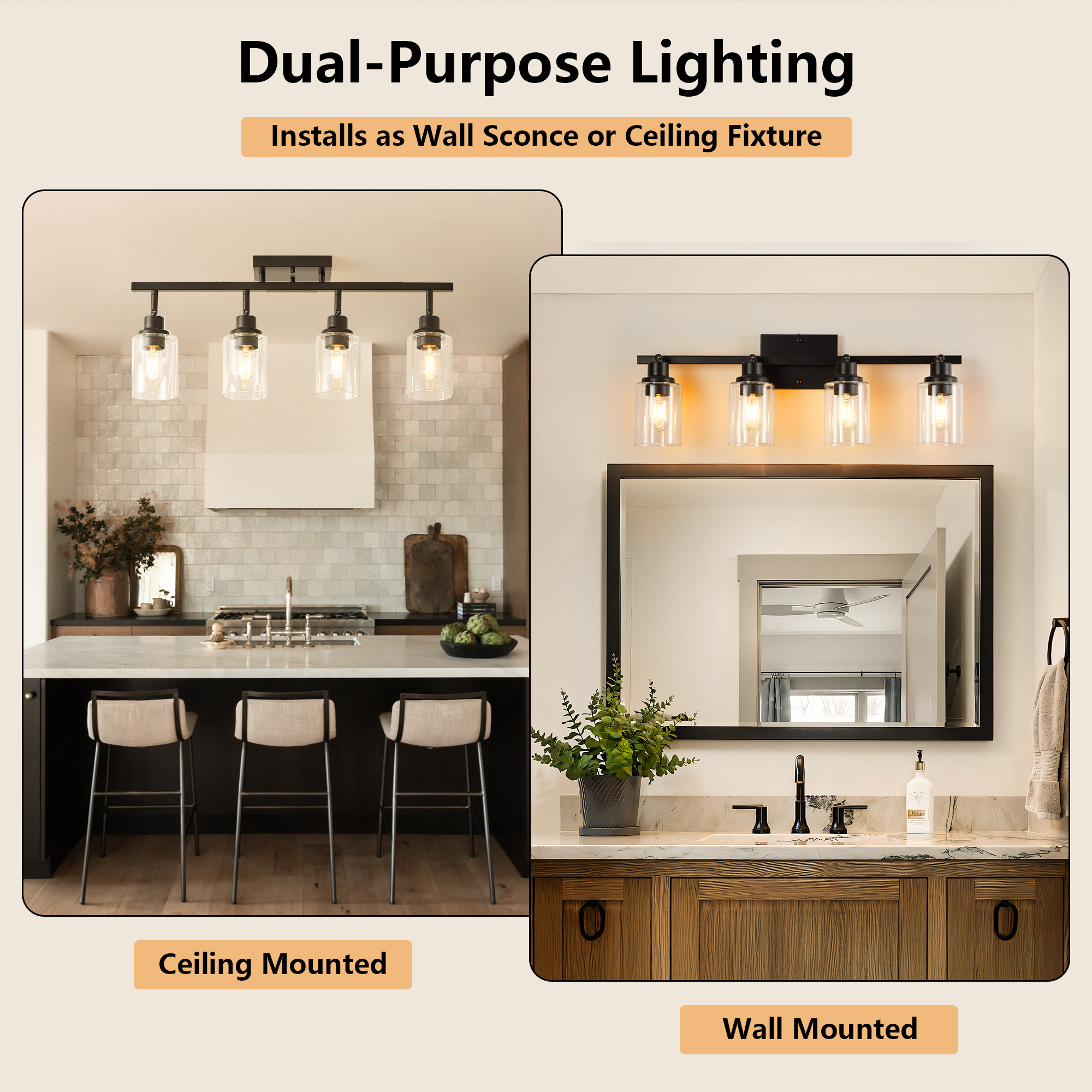 4-Lights Track Lighting Fixtures Ceiling with Clear Glass Shades, Modern Black Semi Flush Mount Ceiling Light, Rotatable Wall Mount Ceiling Lamp for Kitchen Hallway Bedroom(Bulb Not Included) - Image 6