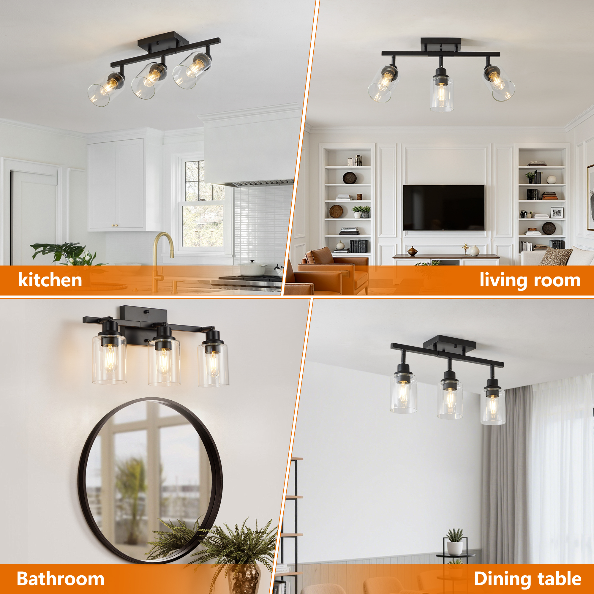 3-Lights Semi Flush Mount Ceiling Light, Adjustable Kitchen Light Fixtures Ceiling Mount with Clear Glass Shades, Rotatable Black Track Lighting Fixtures for Hallway, Foyer, Bedroom(Bulb Not Included) - Image 2