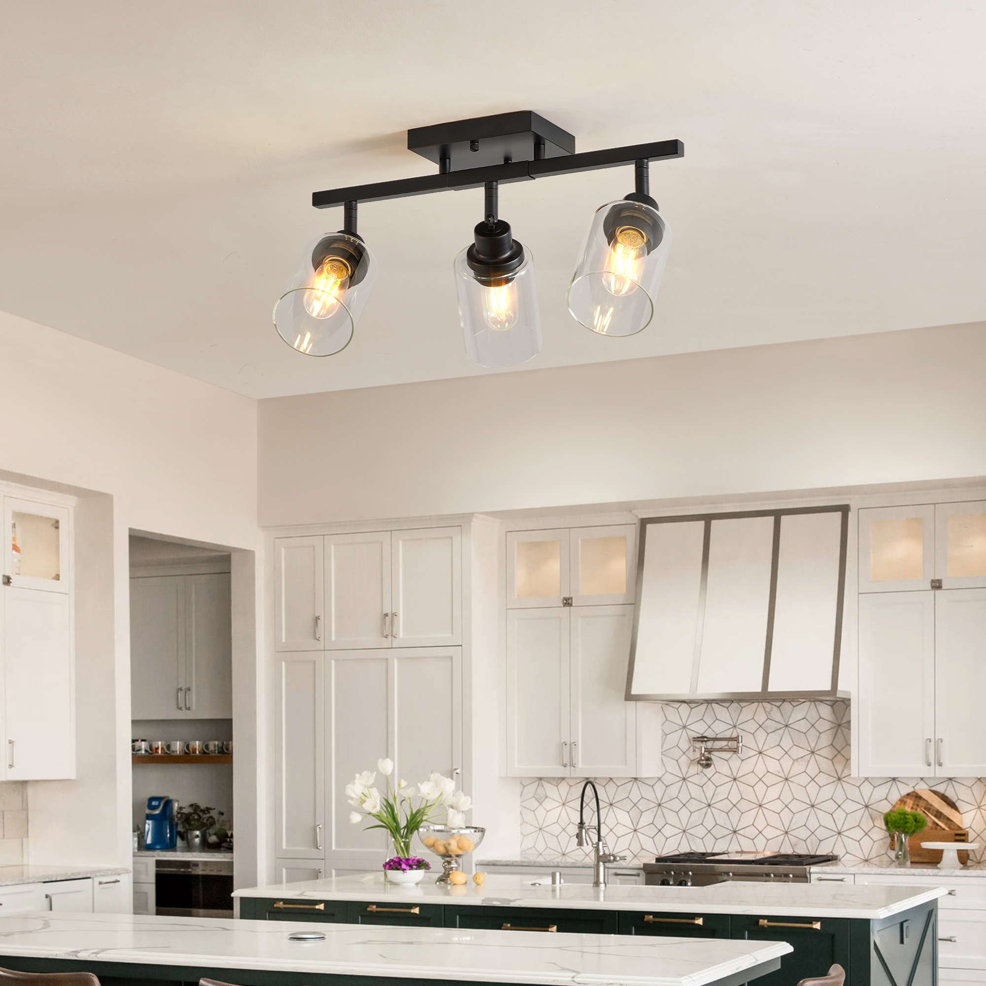 3-Lights Semi Flush Mount Ceiling Light, Adjustable Kitchen Light Fixtures Ceiling Mount with Clear Glass Shades, Rotatable Black Track Lighting Fixtures for Hallway, Foyer, Bedroom(Bulb Not Included) - Image 3