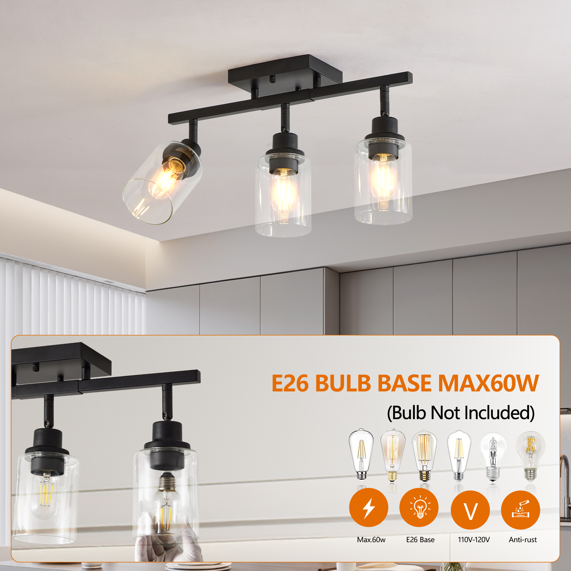 3-Lights Semi Flush Mount Ceiling Light, Adjustable Kitchen Light Fixtures Ceiling Mount with Clear Glass Shades, Rotatable Black Track Lighting Fixtures for Hallway, Foyer, Bedroom(Bulb Not Included) - Image 4