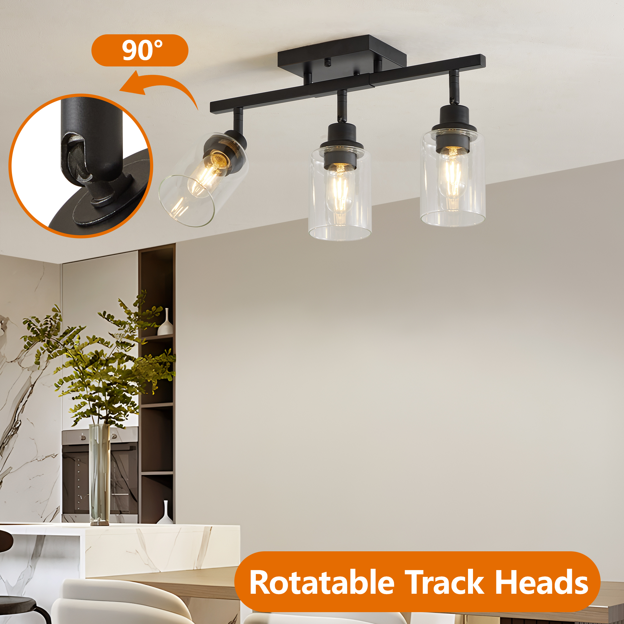 3-Lights Semi Flush Mount Ceiling Light, Adjustable Kitchen Light Fixtures Ceiling Mount with Clear Glass Shades, Rotatable Black Track Lighting Fixtures for Hallway, Foyer, Bedroom(Bulb Not Included) - Image 5